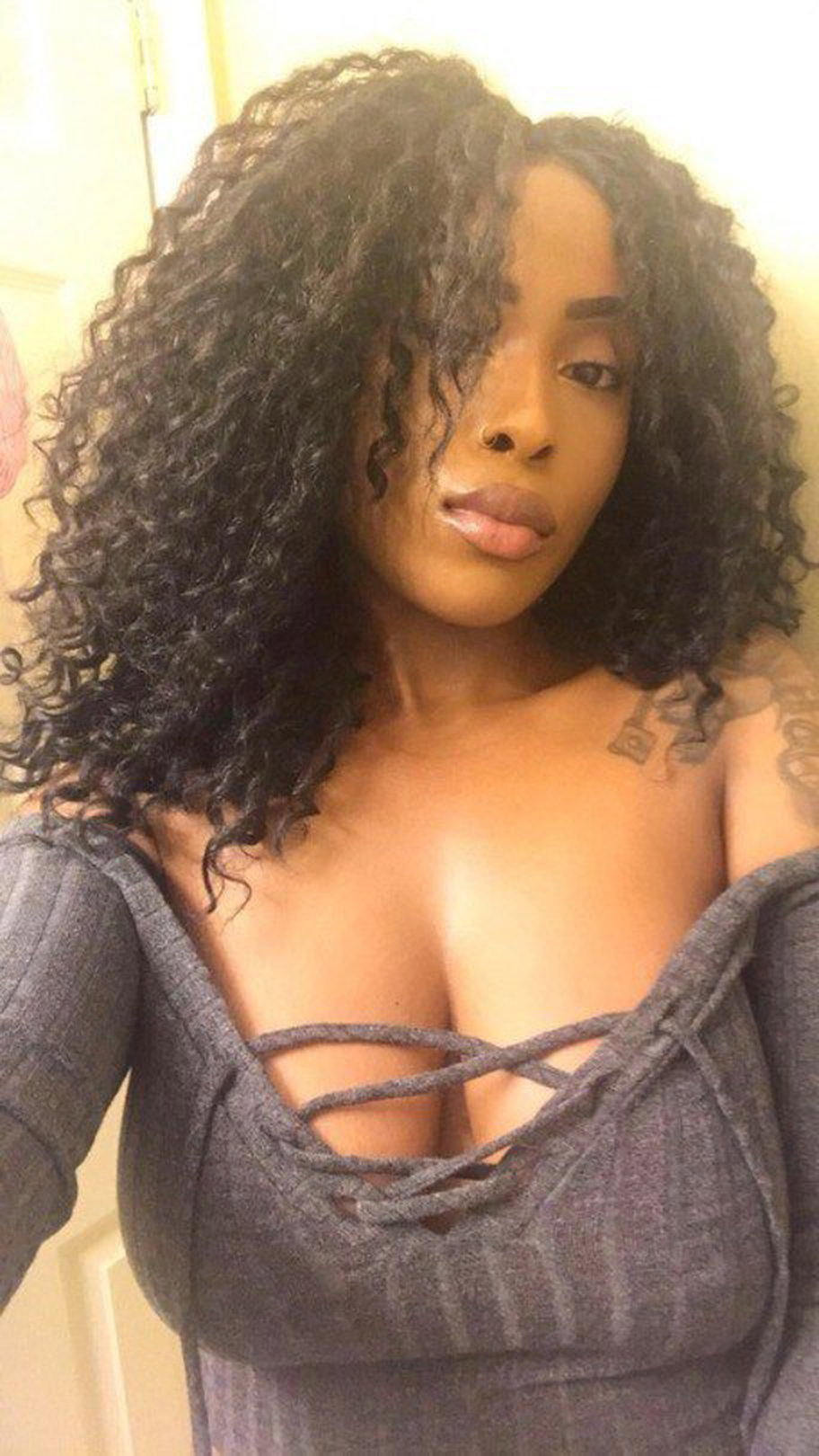 Photo by Ruinedcarpet with the username @Ruinedcarpet,  April 1, 2021 at 7:18 PM. The post is about the topic Ebony and the text says '#Hot #BlackWoman #Busty #DarkHair #Makeup #Tattoo #Piercing #Ebony #Possing #Beauty #Brunette #CurlyHair #DarkHaired #Natural #BigTits #CurlyHaired #AmateurSelfie'