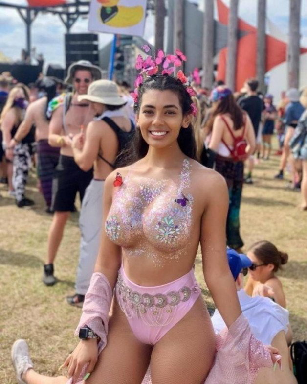 Photo by Ruinedcarpet with the username @Ruinedcarpet,  April 24, 2021 at 11:05 AM. The post is about the topic Public & Outdoor Exhibitionism and the text says '#Hot #Cute #Indie #Festival #Alternative #Latina #Babe #Exhibitionist #Slut #DarkHair #InPublic #Underwear #BodyPainting #Busty #Brunette #Natural #Hottie #Outdoors #Exhibitionism #PinkUnderwear #Beauty #DarkHaired #BigBreasted'