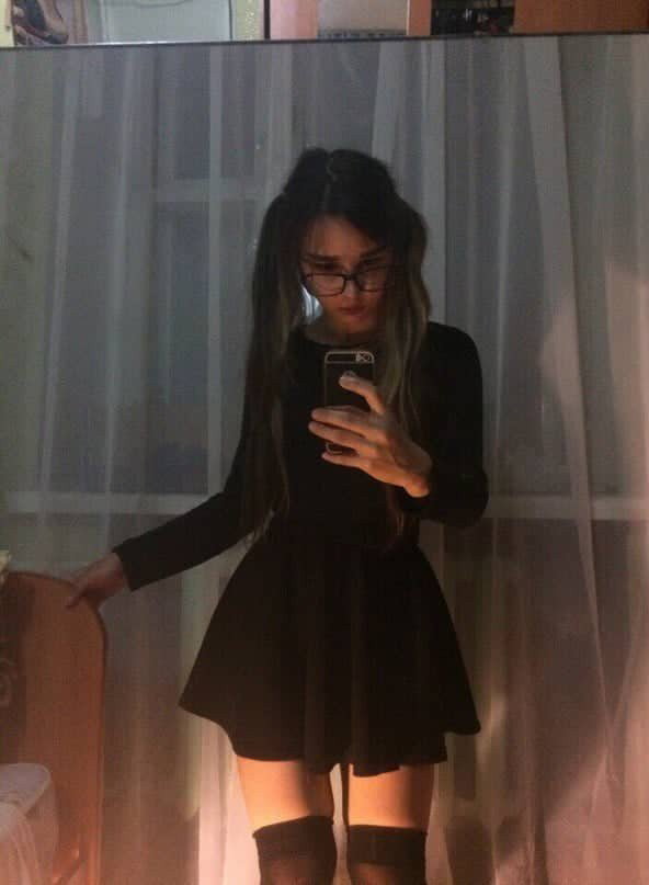 Photo by Ruinedcarpet with the username @Ruinedcarpet,  December 2, 2023 at 12:24 PM. The post is about the topic RC's Mirror Selfies and the text says '#Cute #Goth #Babe #MirrorSelfie #Brunette #Pigtails #Glasses #Cutie #BlackClothes #Dress #GothGirl #Selfie #Stockings #Cuteness'