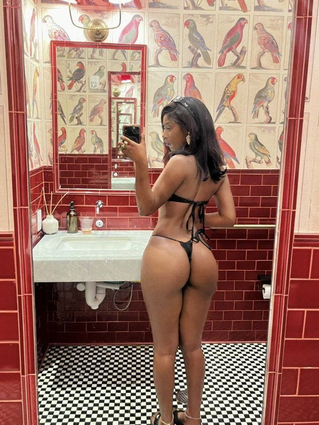 Photo by Ruinedcarpet with the username @Ruinedcarpet,  January 21, 2024 at 12:43 PM. The post is about the topic RC's Mirror Selfies and the text says '#MirrorSelfie #Bath #Ebony #Bikini #Thong #Brunette #Bathroom #Selfie #BigAss #Pabg #BubbleButt #BlackWoman'