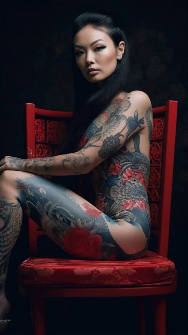 Photo by Ruinedcarpet with the username @Ruinedcarpet,  January 21, 2024 at 12:17 PM. The post is about the topic Alt Girls; Tattoo, Piercing & Co and the text says '#Asian #Alternative #Japanese #Tattoo #Ink #Brunette #OnAChair #Japan #AltGirl'