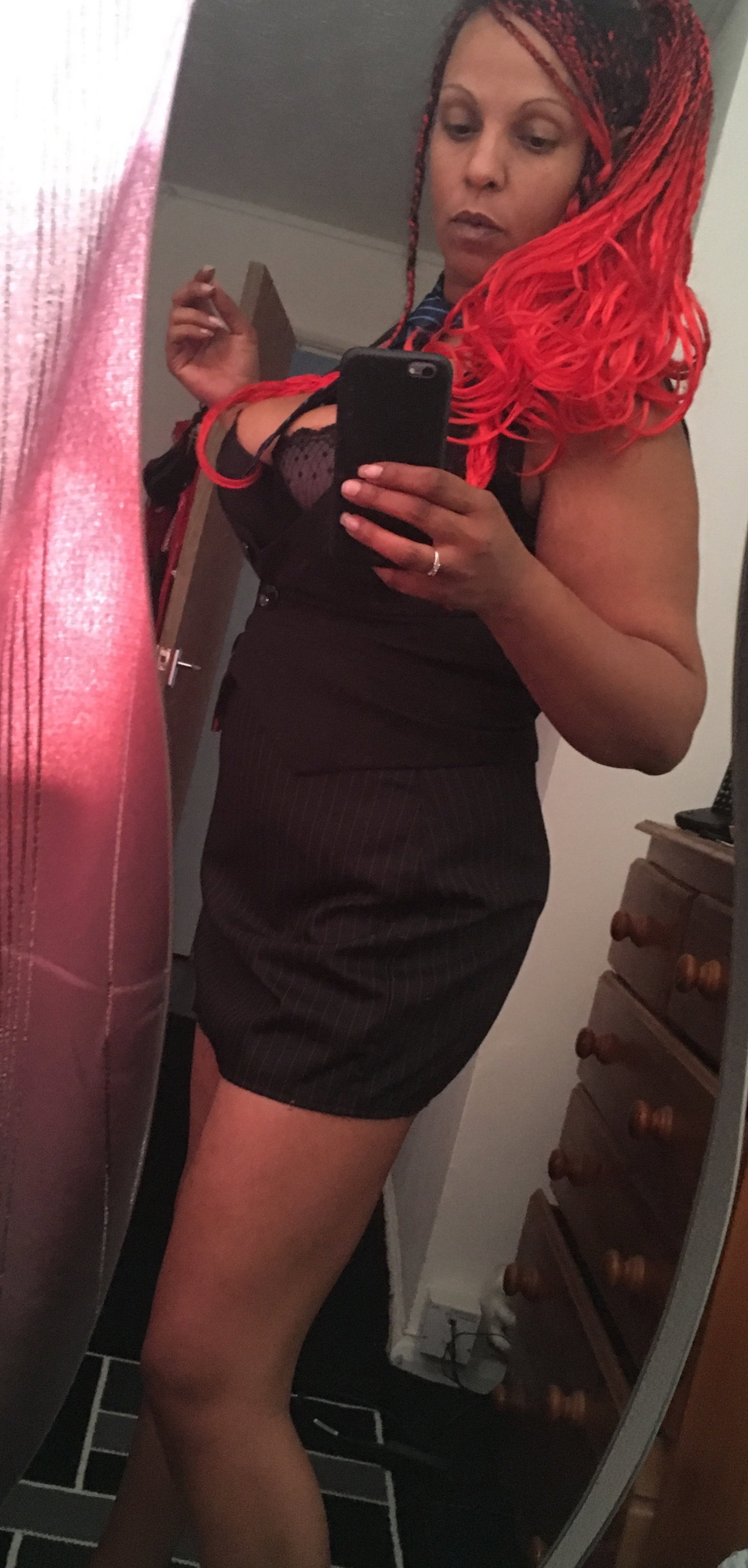 Photo by MistressMD with the username @MistressMD, who is a star user,  September 8, 2020 at 5:20 PM and the text says 'Celebrate Back 2 Skool week with Mistress!! Now what gifts and treats have my good boys and girls got for Me? 

#FemDomme #EbonyDomme #FinDomme #Uniform #Pinstripes #DownBlouse #Cleavage 
#Tease #Torment #TitWorship #TittyTuesdayTributes 

More pics..'