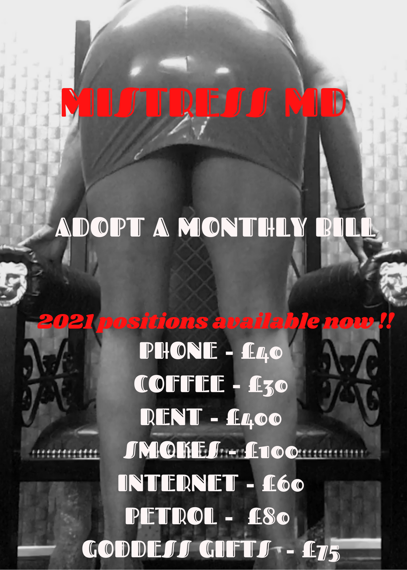 Photo by MistressMD with the username @MistressMD, who is a star user,  January 1, 2021 at 6:14 PM and the text says 'Start your year as you mean to go on... adopt my bills & nurture them, give them that secure, safe & loving feeling for 2021🤑

SUBSCRIBE to either of my paysites #AVNstars or #Onlyfans Then you may DM to discuss & apply 👸🏾

And don’t forget to keep..'