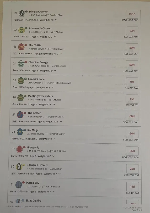 Photo by Hottiebb95 studio with the username @hottiebb95, who is a star user,  April 13, 2024 at 1:28 PM and the text says 'Pick a horse for me bet for the Grand National  2024 here is the list check it out leave the numbers in the comments which position you want me to bet on'