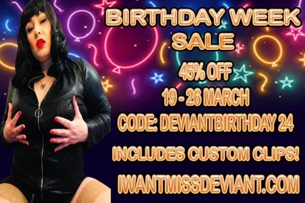 Photo by DivineMissDeviant with the username @TheDeviantDomme, who is a star user,  March 22, 2024 at 8:56 PM and the text says 'Get ready to indulge in my birthday extravaganza! 🎁 Enjoy a whopping 45% off on all purchases at my @iWantClips store. Just use the code DEVIANTBIRTHDAY24 and treat yourself to some custom clips too!

https://iwantclips.com/store/734637/missdeviant'