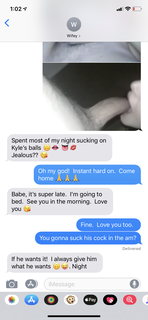 Album by Cmitch1436969 with the username @Cmitch1436969,  June 27, 2019 at 1:53 PM. The post is about the topic Hotwife and the text says 'Let’s just say I didn’t sleep much last night after receiving these texts.  Kyle is the 23 yo college guy she regularly fucks'