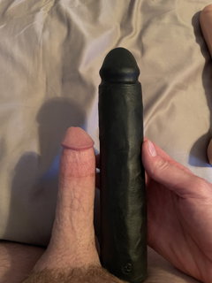 Photo by Victoriahotwife with the username @Victoriahotwife,  June 17, 2022 at 8:25 AM. The post is about the topic Slut Wifes and the text says 'My dick and the first dildo she got used to. Shes sized up twice since this dildo. Dildo is 2" diameter and 10" length. How do i compare'