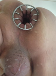 Photo by RustyLawrence. with the username @RustyLawrence,  April 10, 2024 at 12:25 PM. The post is about the topic Anal stretching and the text says 'New steel tunnel plug and the shower shot fits through for great cleaning'