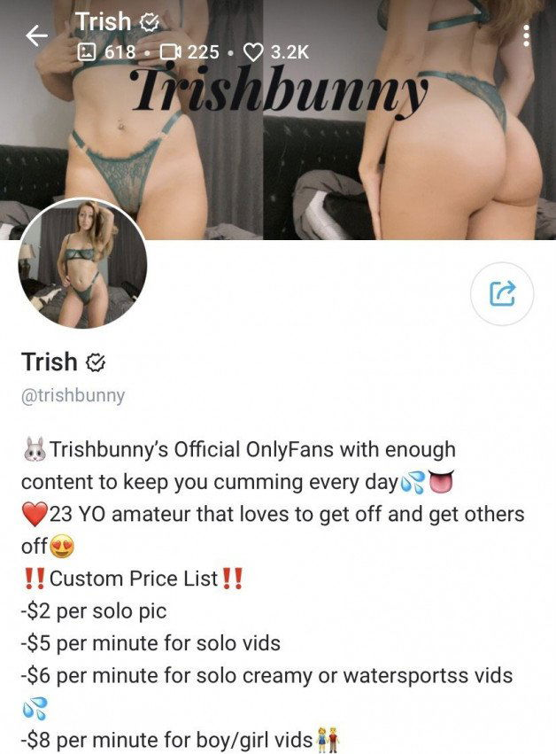 Photo by Trishbunny with the username @Trishbunny, who is a star user,  April 14, 2021 at 1:00 PM. The post is about the topic OnlyFans and the text says 'If you're looking for hundreds of the best amateur pictures and videos with absolutely NO PPV, you've found it right here🙈💦 

Every single post is included for the low price of $6.99/month!❤️ with 3 or more posts every single week and most videos..'