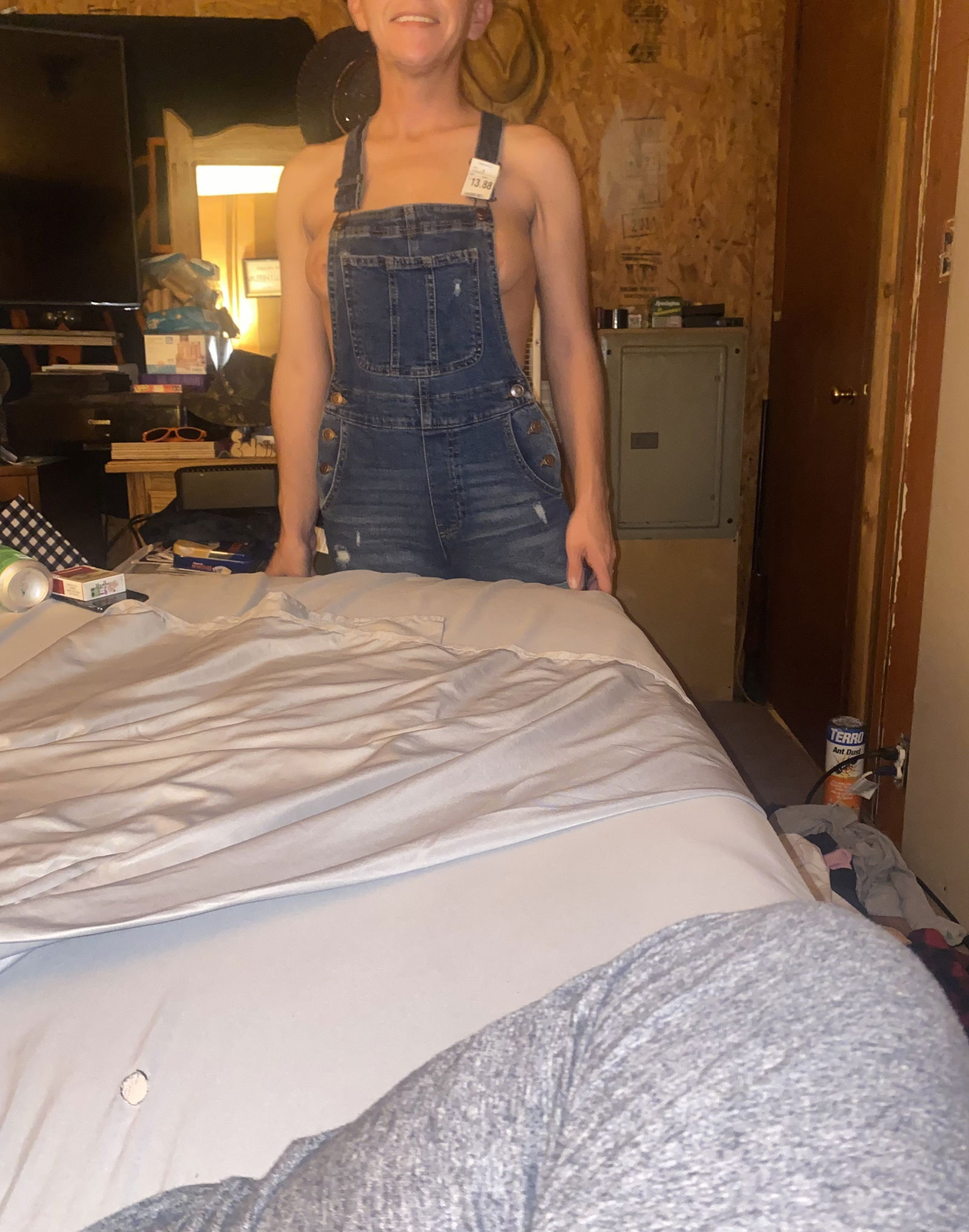 Photo by eddieplayswithannie with the username @eddieplayswithannie, who is a verified user,  May 2, 2022 at 7:26 PM. The post is about the topic Real Couples and the text says 'Annie got new overalls and caused hard feelins'