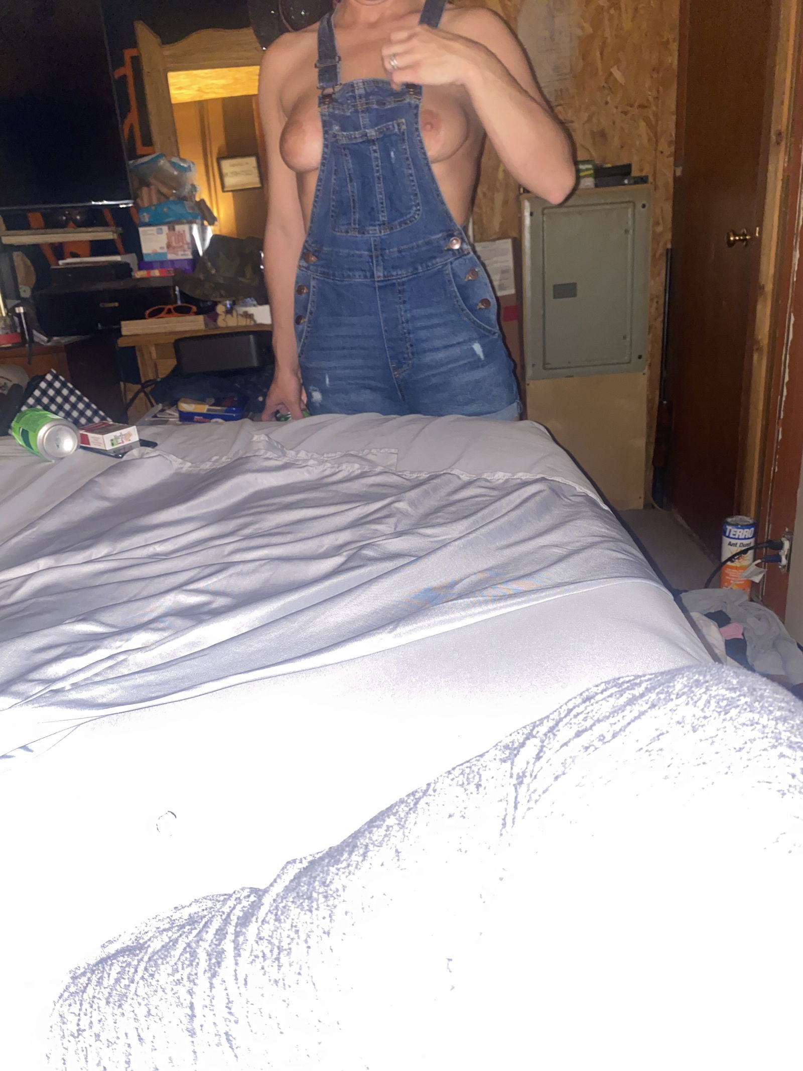 Photo by eddieplayswithannie with the username @eddieplayswithannie, who is a verified user,  May 2, 2022 at 7:26 PM. The post is about the topic Real Couples and the text says 'Annie got new overalls and caused hard feelins'