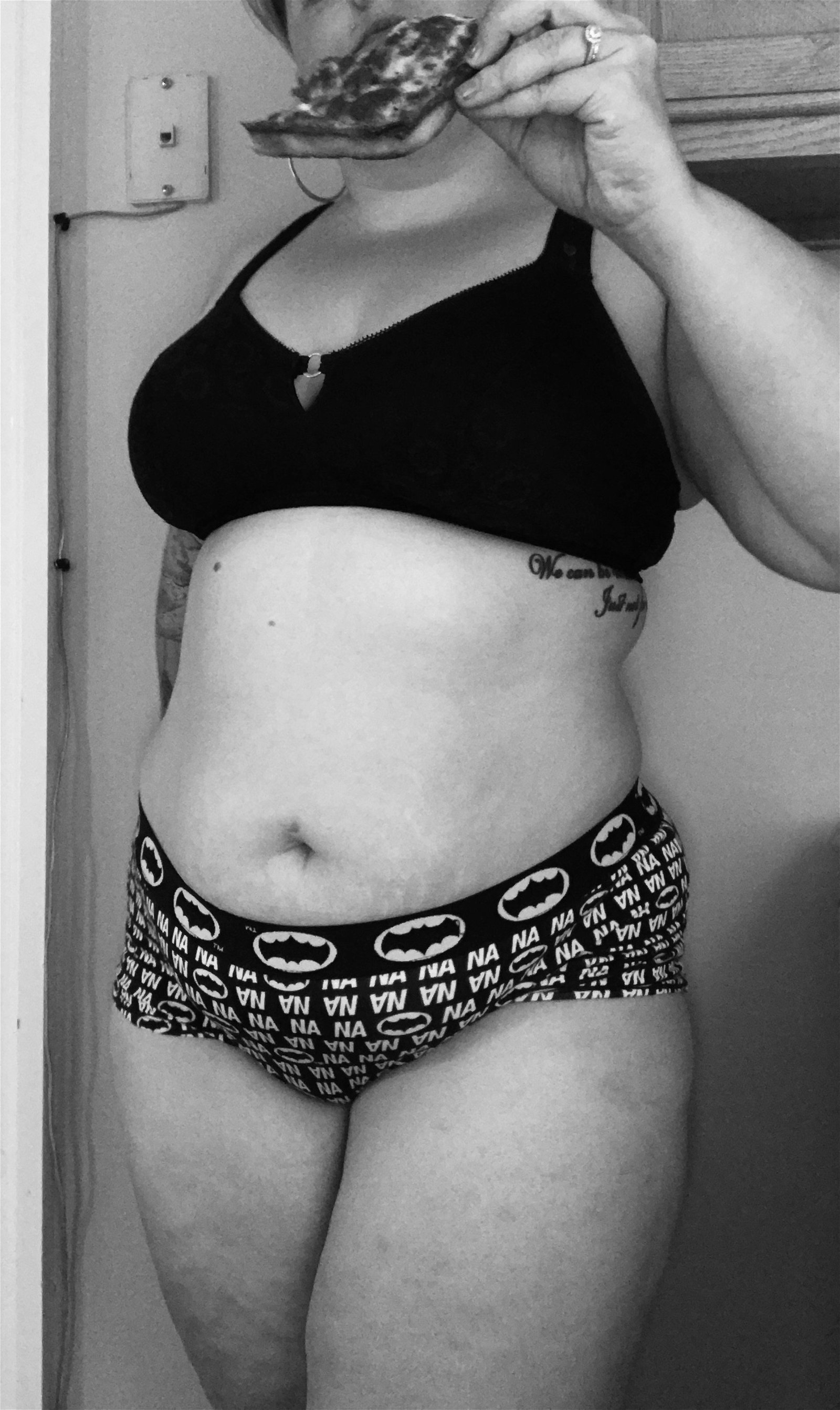 Photo by honeypixi with the username @honeypixi, who is a star user,  August 12, 2019 at 1:42 AM. The post is about the topic BBW and the text says 'eating pizza in my batman panties 😅😅🍕🍕🦇🦇'