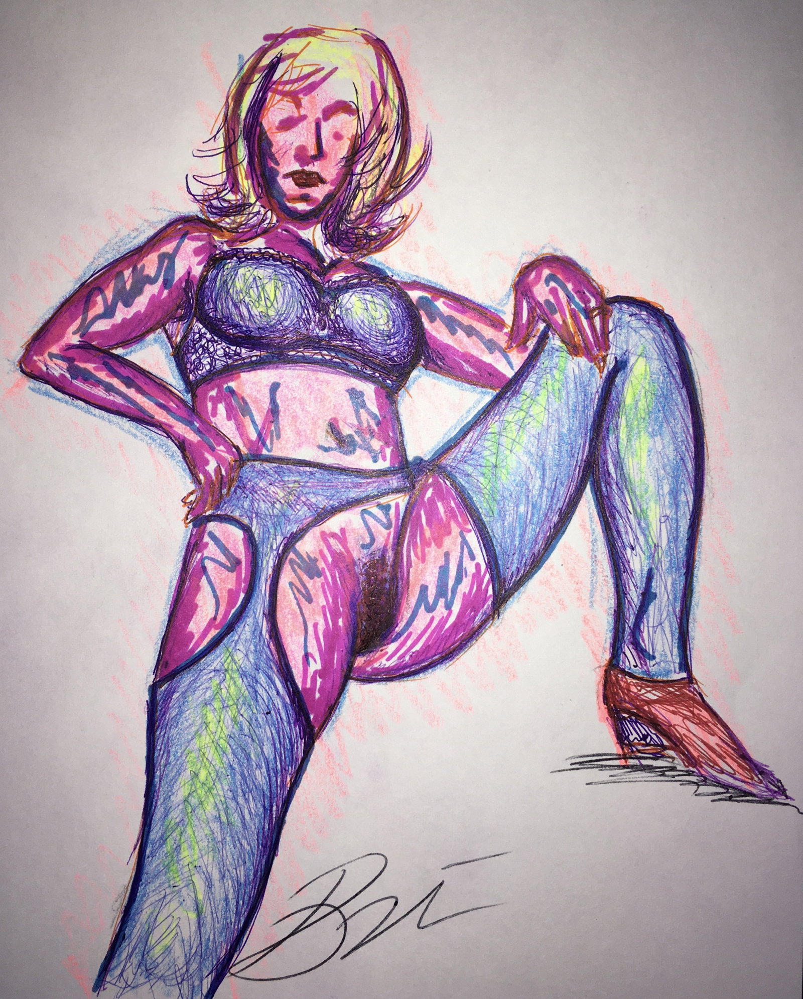 Photo by Brí with the username @TheEroticArtistBri, who is a verified user,  June 10, 2020 at 8:51 PM and the text says 'my first drawing in quite some time.  also my first work l've signed with my artist/genderfluid name, Brí.  I'm so thrilled to be starting to build connections with others to allow me to create art with. @anderz069 is quite a stunning muse!  show her page..'