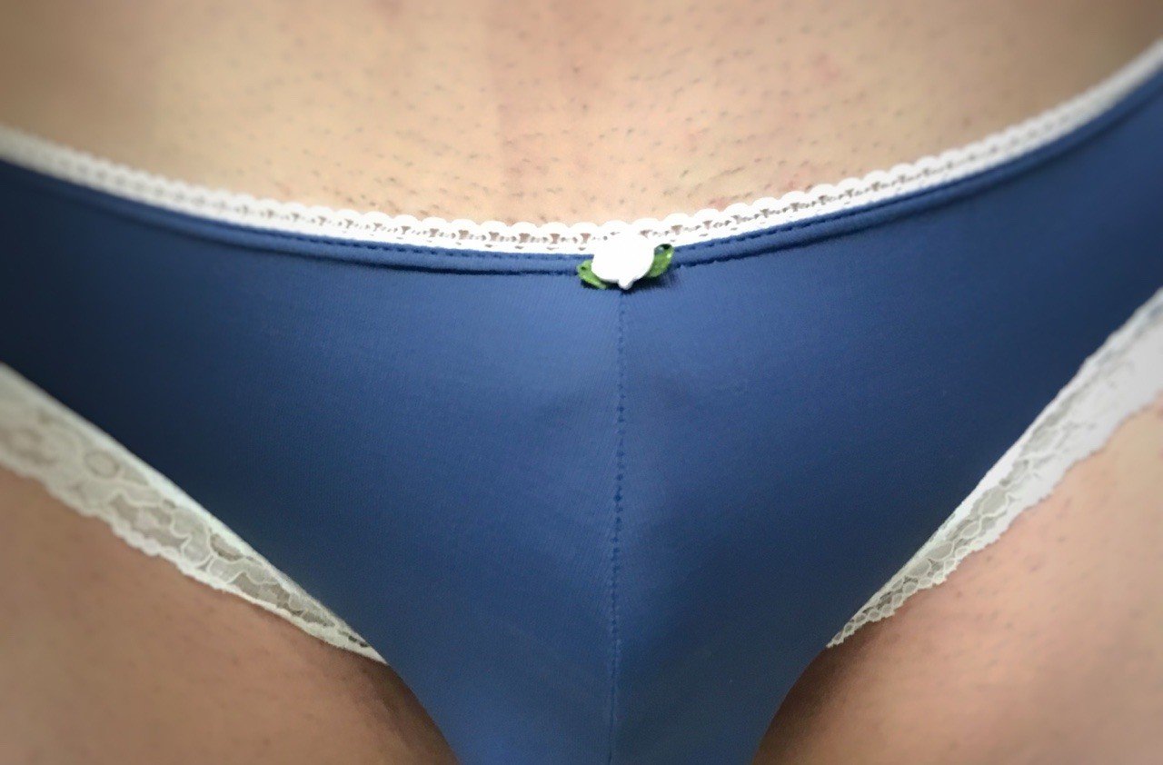 Photo by Guyofpland with the username @Guyofpland,  August 8, 2019 at 6:22 PM. The post is about the topic Cock in panties and the text says 'Me in my blue panty with lace and complementary triangle brallette'