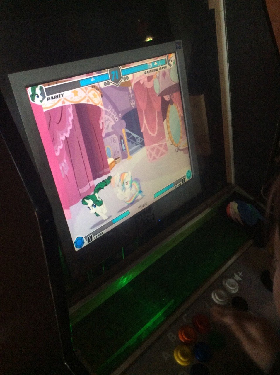 Photo by JoonasD6 with the username @JoonasD6,  December 30, 2015 at 12:57 PM and the text says 'Never stop posting My Little Pony beat &lsquo;em up. #32c3  #mlp  #my  #little  #pony  #arcade'