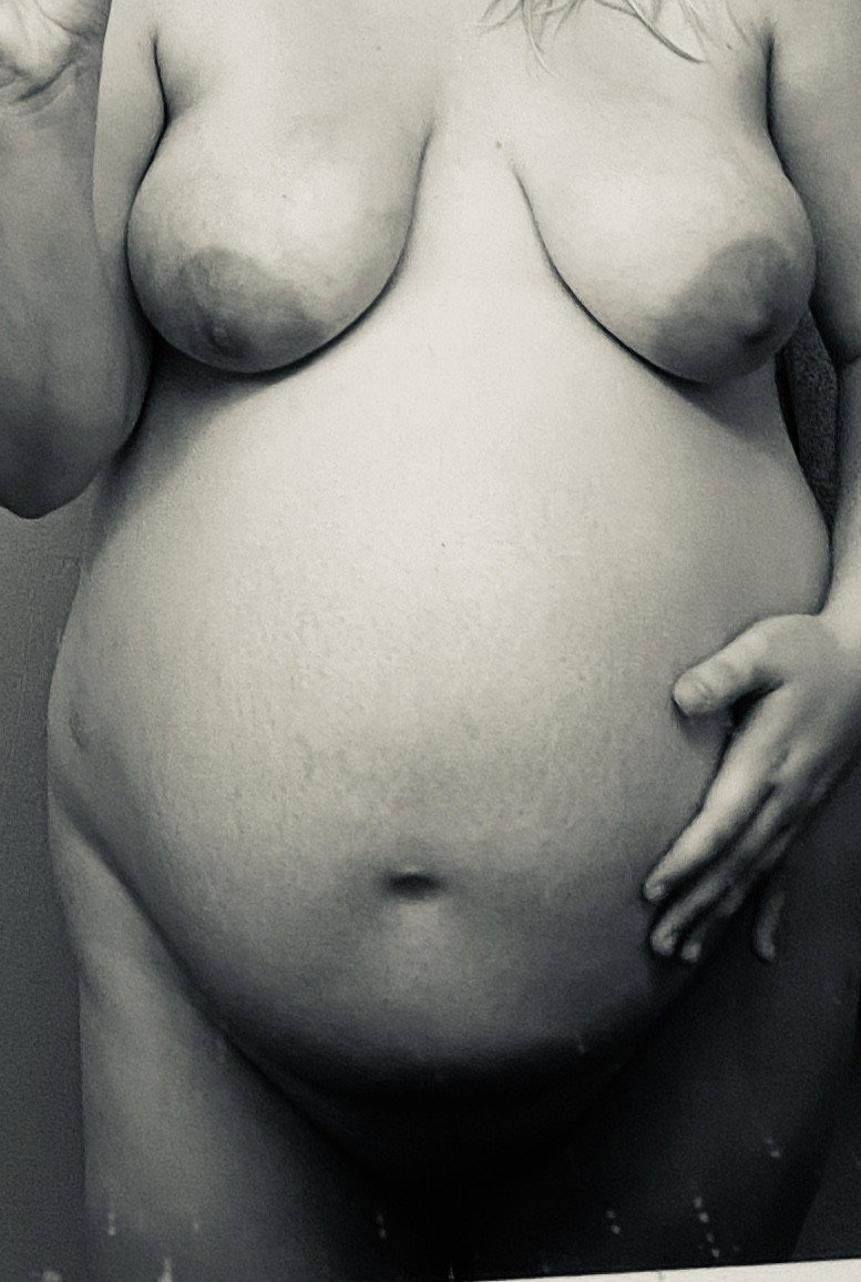 Photo by Big Tit Country Slut with the username @Bigtitcountryslut, who is a verified user,  April 15, 2020 at 5:27 PM and the text says '26 weeks pregnant and horny all the time. Really wanting a threesome right now'