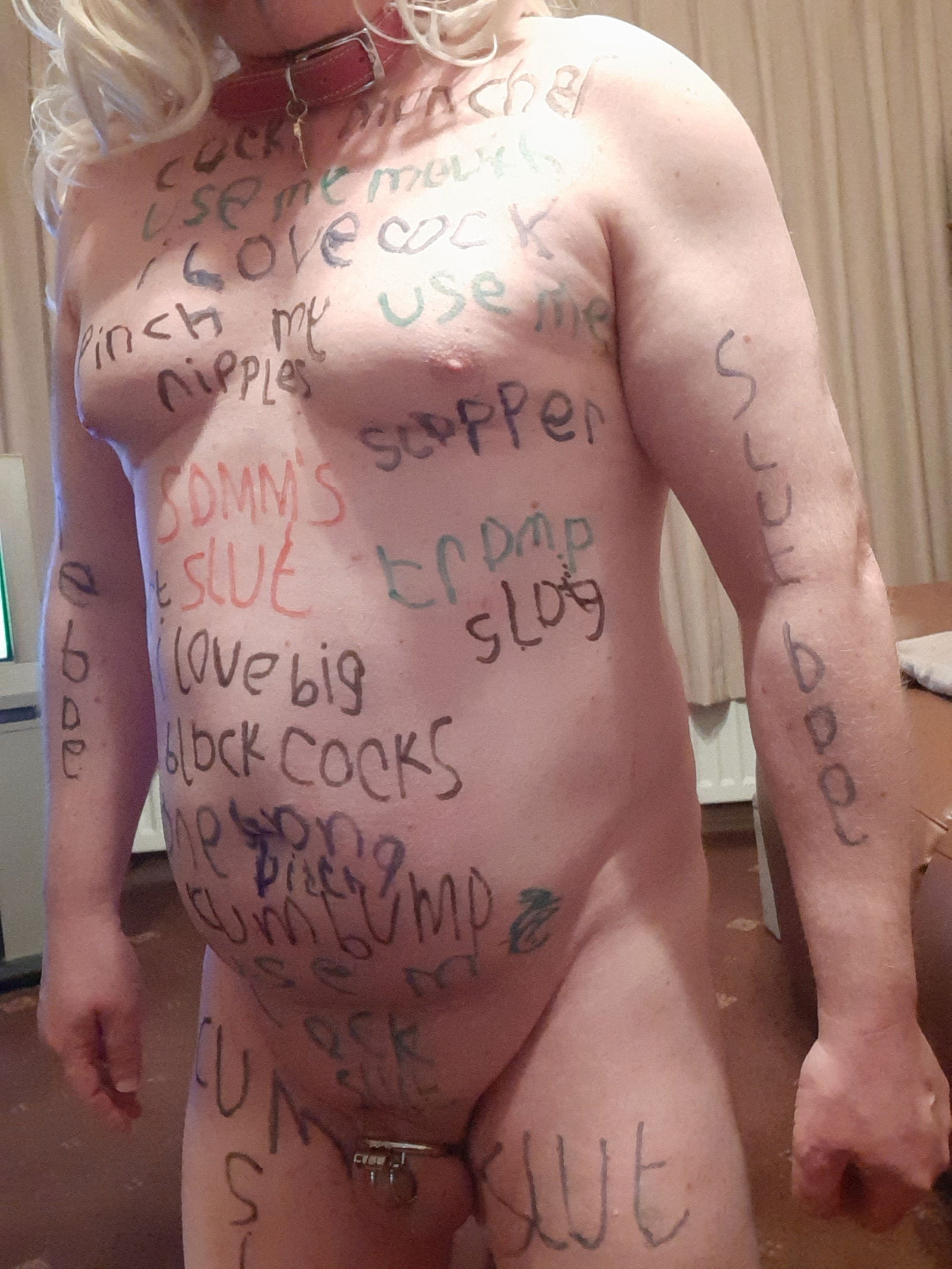 Album by stephanie with the username @Chastitysub1, who is a verified user,  March 4, 2023 at 9:02 PM and the text says 'i was given a body art task by @TheDeviantDomme and this is the result'