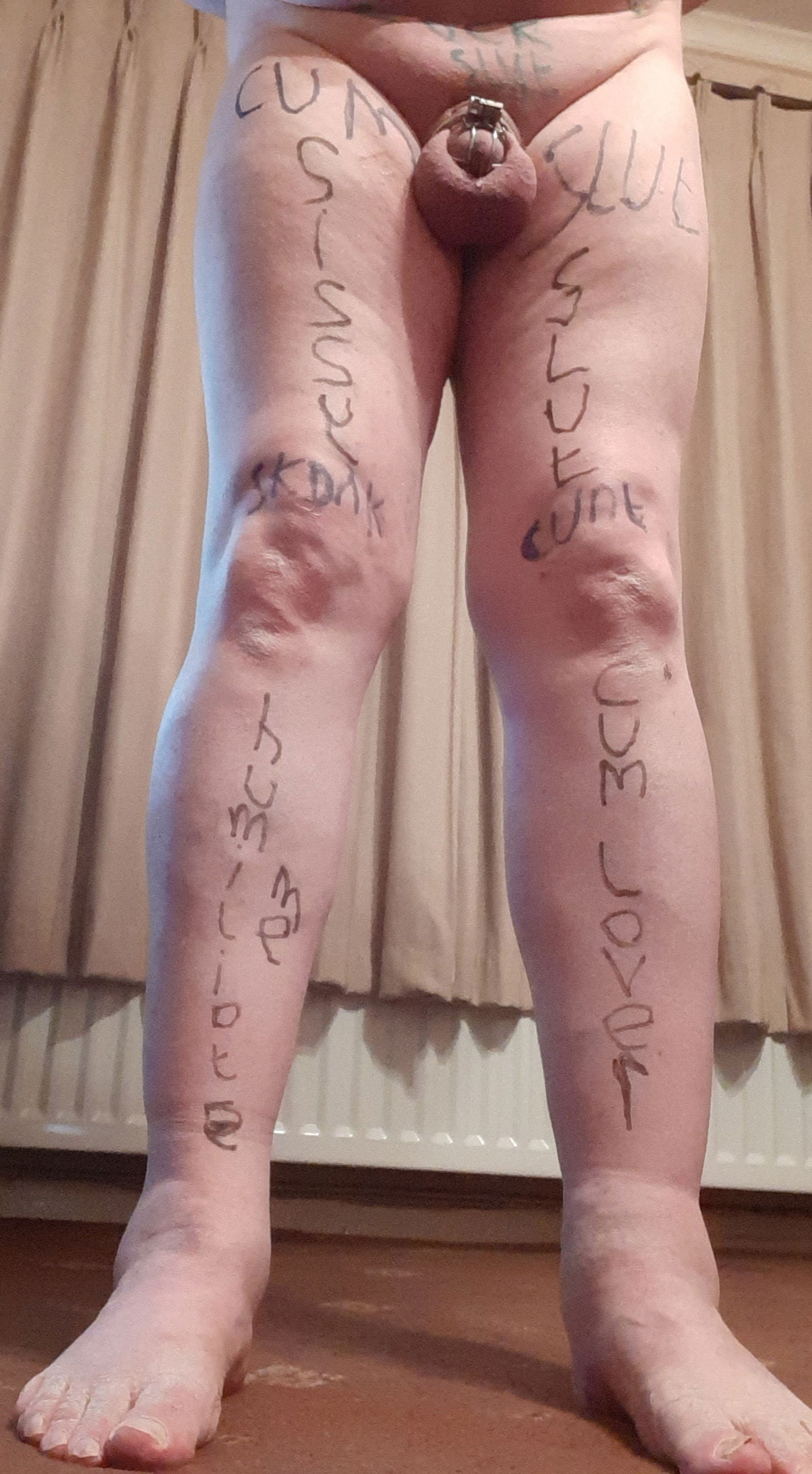 Photo by stephanie with the username @Chastitysub1, who is a verified user,  March 4, 2023 at 9:02 PM and the text says 'i was given a body art task by @TheDeviantDomme and this is the result'