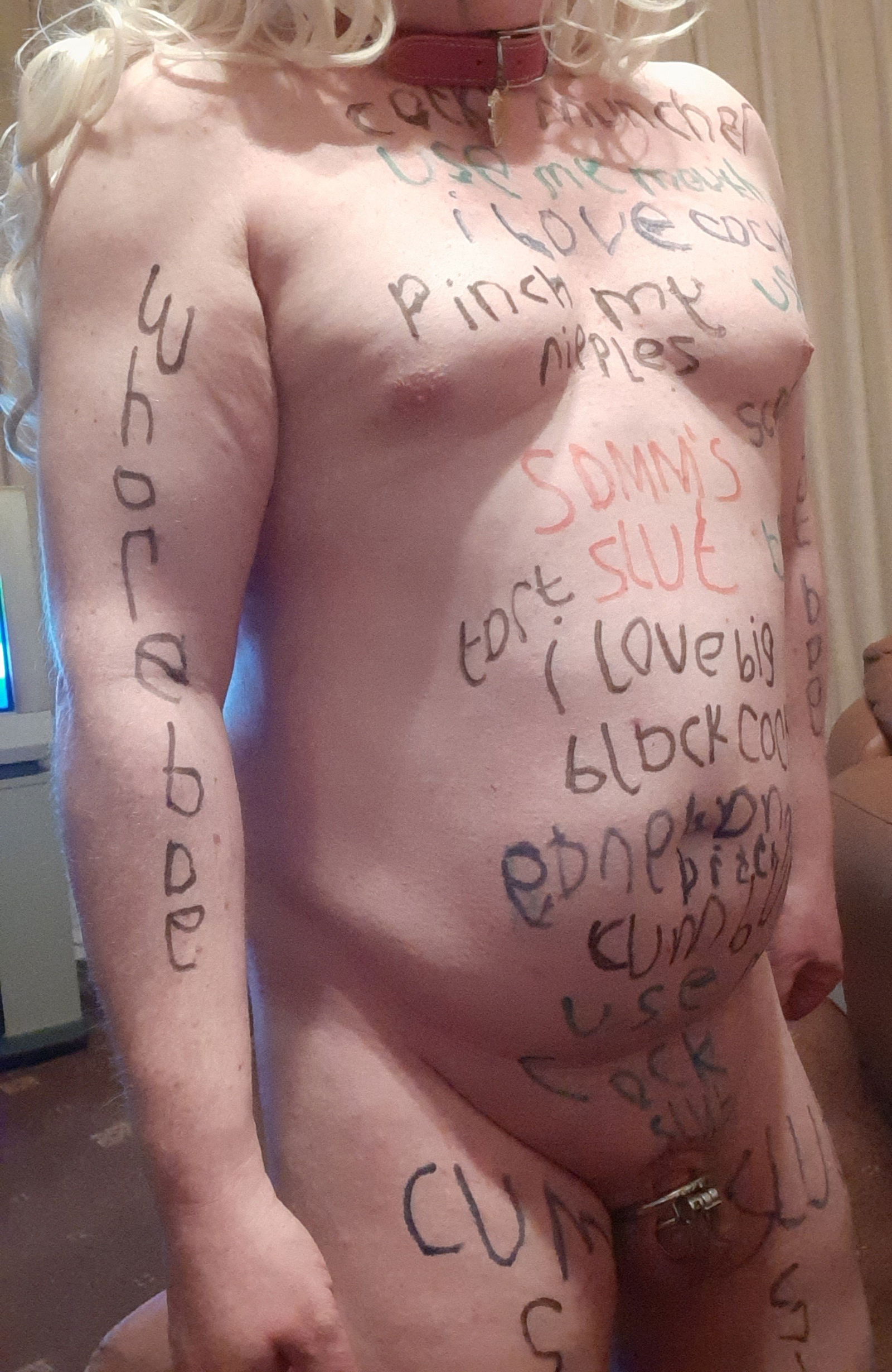 Photo by stephanie with the username @Chastitysub1, who is a verified user,  March 4, 2023 at 9:02 PM and the text says 'i was given a body art task by @TheDeviantDomme and this is the result'