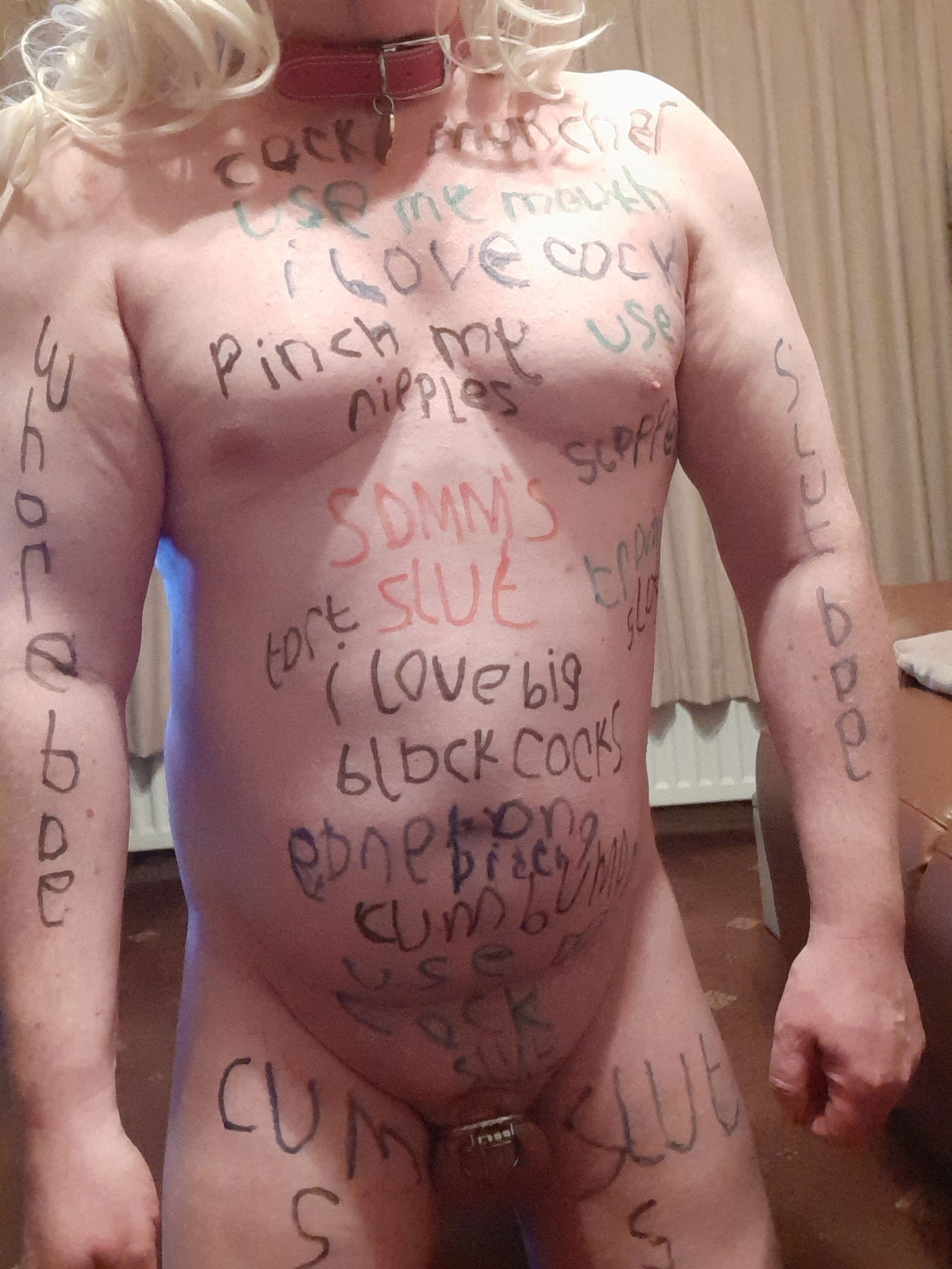 Photo by stephanie with the username @Chastitysub1, who is a verified user,  March 4, 2023 at 9:02 PM and the text says 'i was given a body art task by @TheDeviantDomme and this is the result'