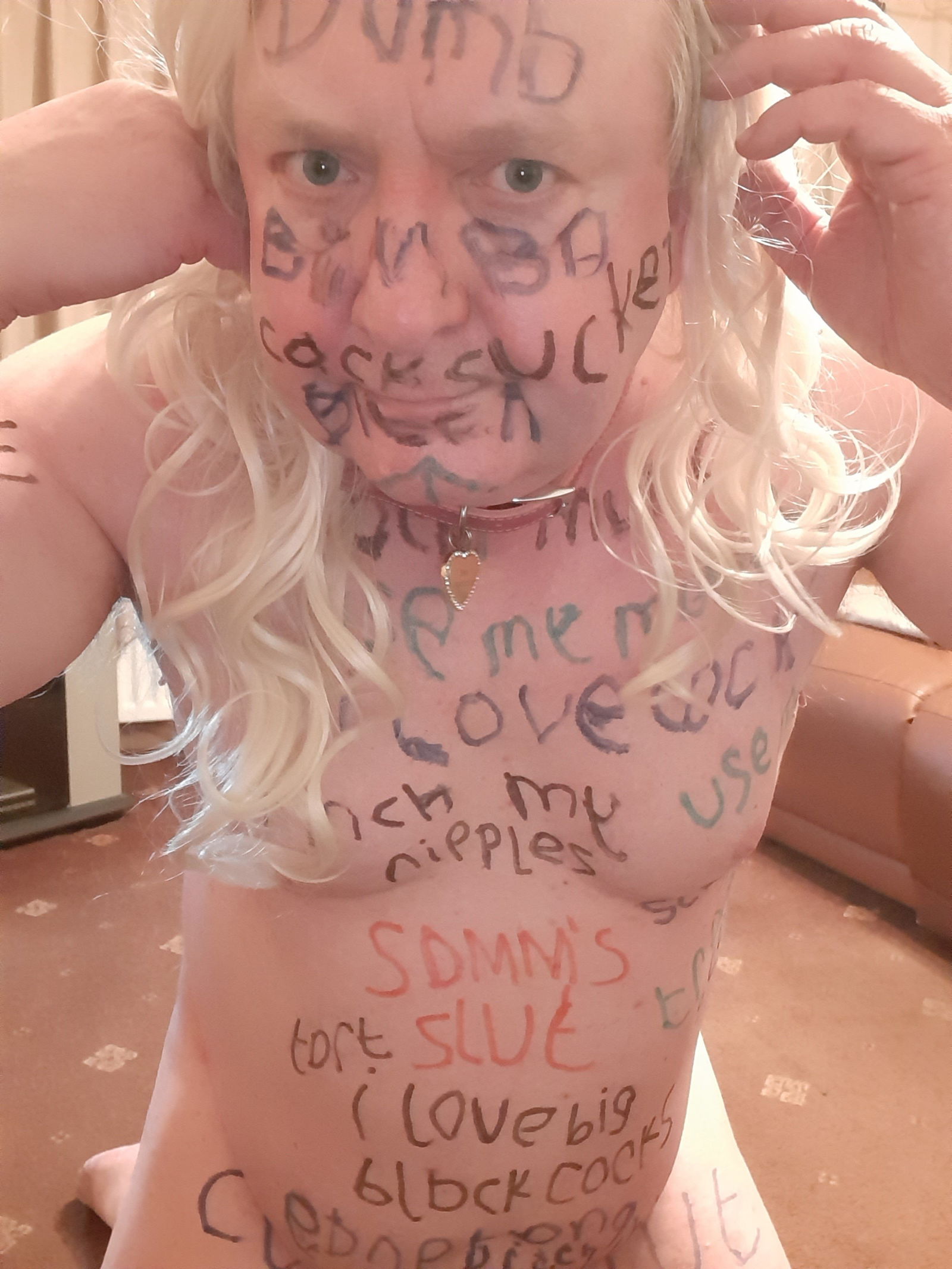 Album by stephanie with the username @Chastitysub1, who is a verified user,  March 4, 2023 at 9:02 PM and the text says 'i was given a body art task by @TheDeviantDomme and this is the result'