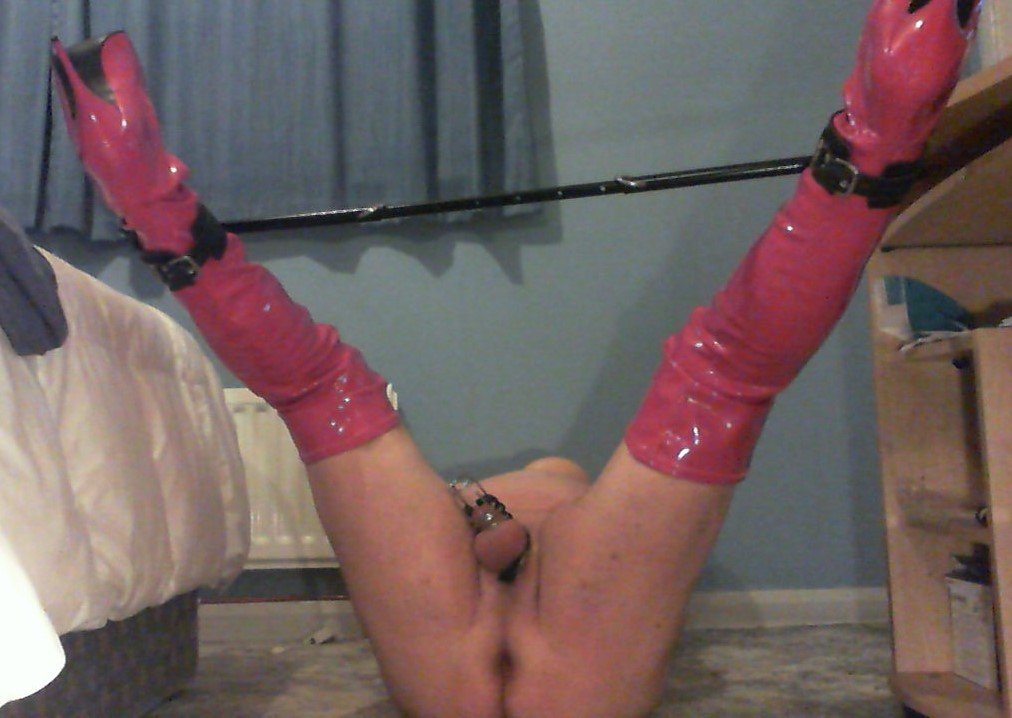 Album by stephanie with the username @Chastitysub1, who is a verified user,  February 1, 2023 at 12:01 AM and the text says 'My Mistress @TheDeviantDomme instructed me to get a spreader bar and show it off wearing my new slutty thigh high boots'