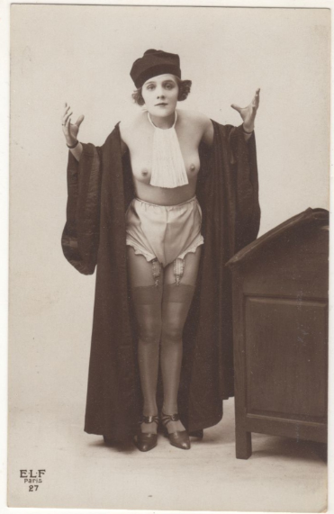 Photo by Grandma-Did-It with the username @Grandma-Did-It,  June 12, 2019 at 4:12 AM and the text says 'E.L.F. Studio postcards - The Judge, 1920s.  Most E.L.F. sets depicted semi-nude women in the costume of some sport or profession'