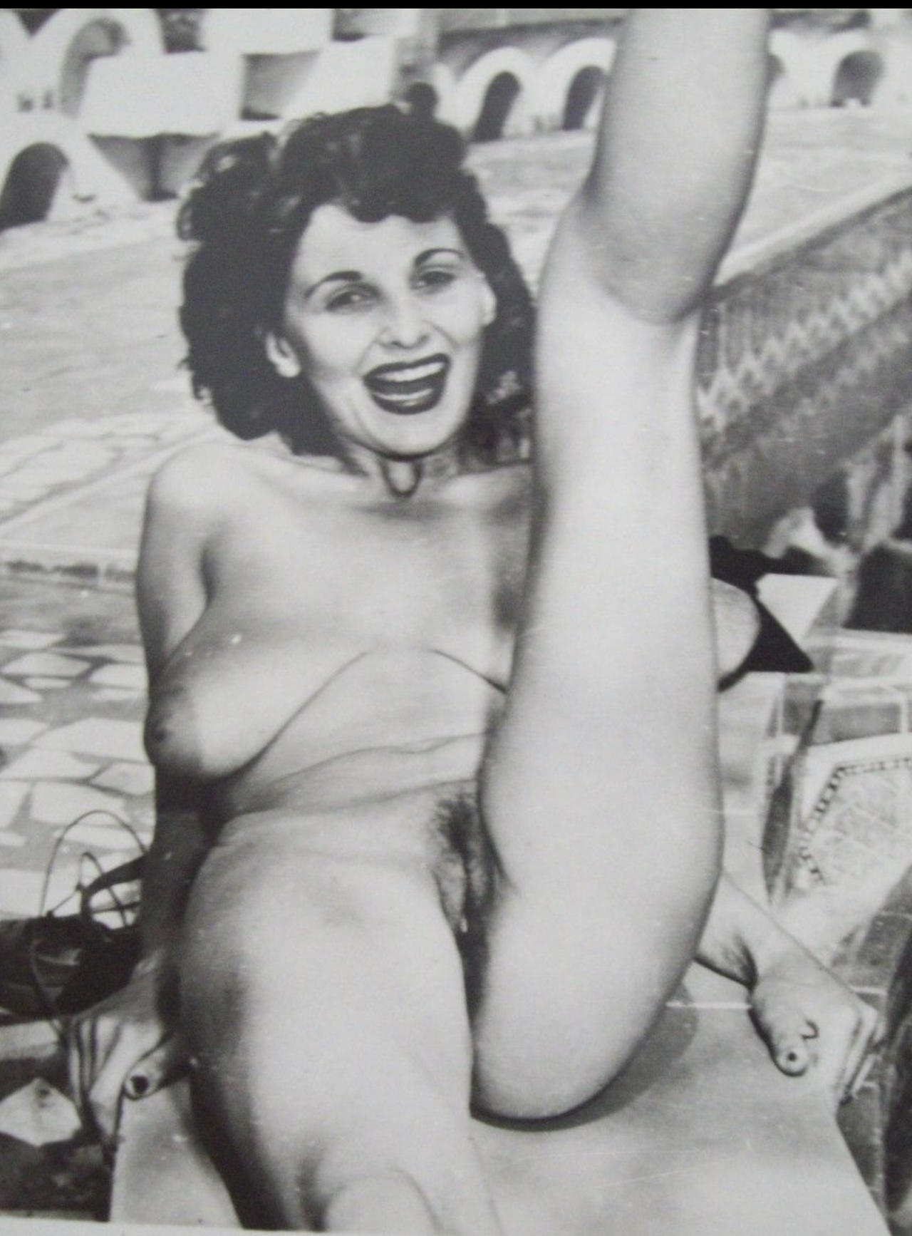 Photo by Grandma-Did-It with the username @Grandma-Did-It,  December 31, 2018 at 2:18 PM and the text says 'Donna Mae "Busty" Brown at the Spider Pool, 1950s'