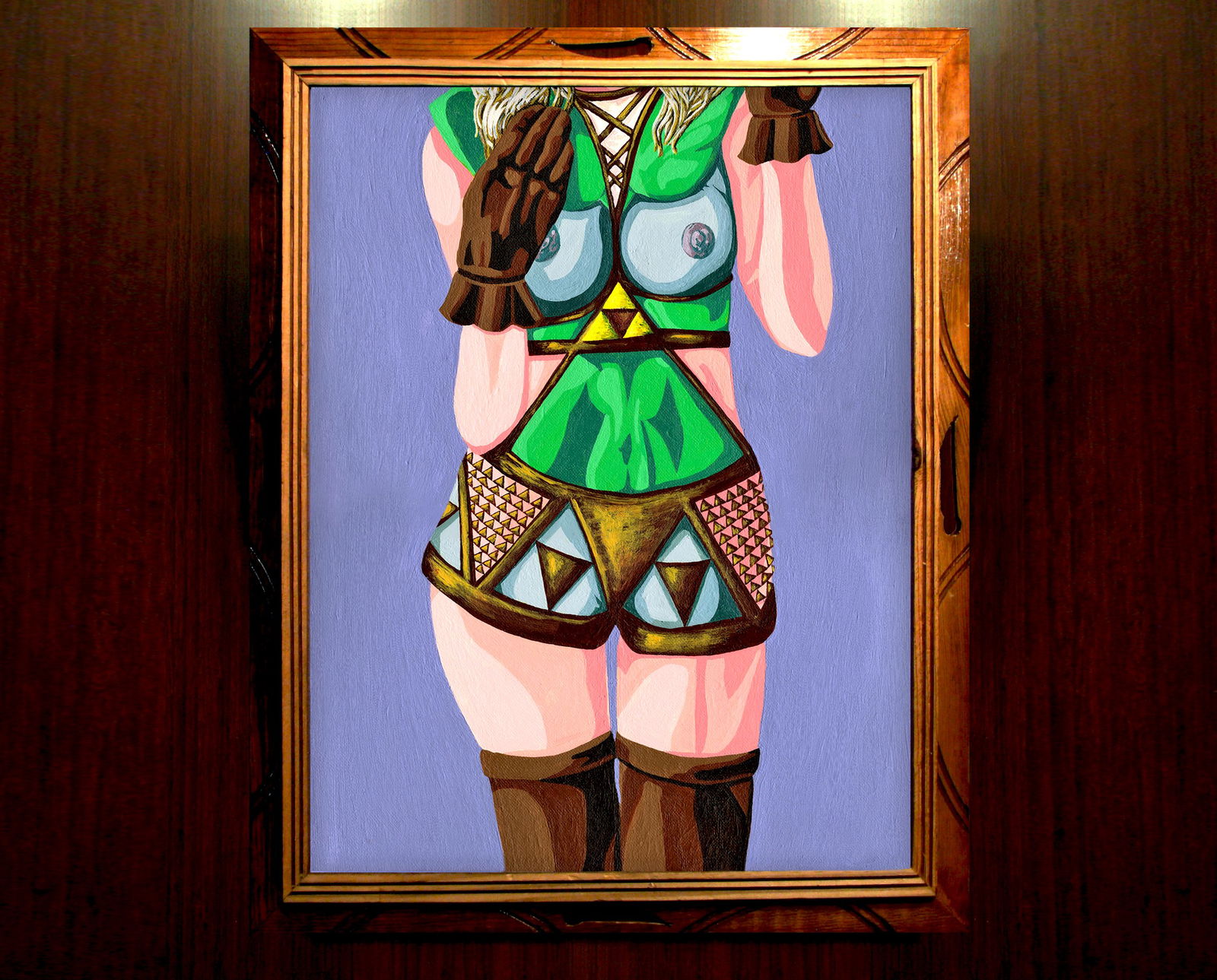 Album by CRD Larson Art with the username @CRDLarson, who is a verified user,  September 1, 2019 at 1:00 PM and the text says ''An Erotic Legend' - original 16x20" acrylic painting on canvas; 18x22" wooden frame.

The outfit is my original design, inspired by the legendary series of games.

Inspired by cosplayers, video games, and gender-swapped characters.

#lingerie..'