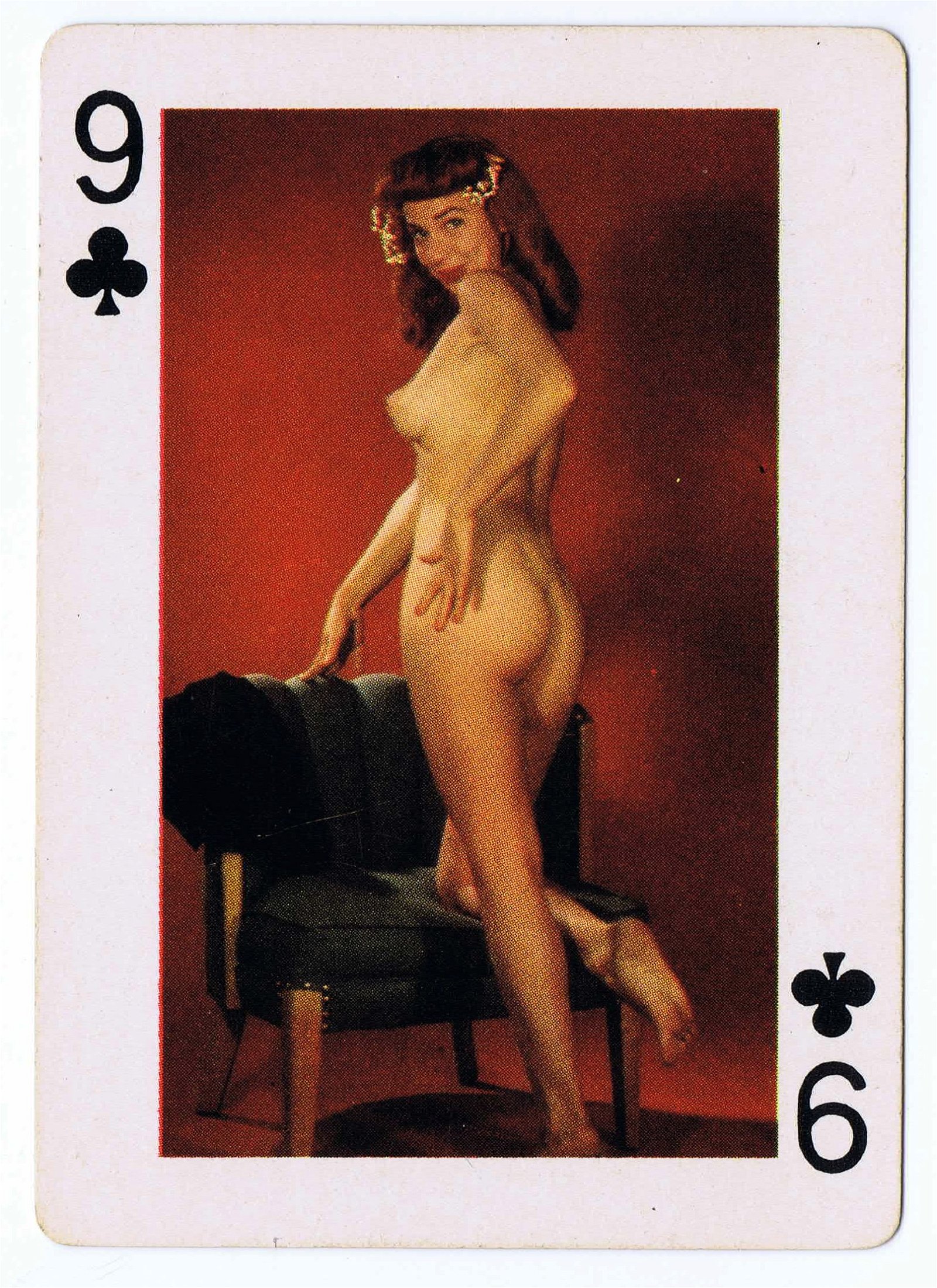 Photo by CRD Larson Art with the username @CRDLarson, who is a verified user,  September 10, 2019 at 11:46 AM. The post is about the topic Nude Playing Cards and the text says 'Nine of Clubs

From deck titled 'Fifty-Two Art Studies.' Made by the Novelties Manufacturing and Sales Corp, St. Louis, MO. Mid 1950s.

#photography #vintagenude #vintageerotica #1950s #retro #pinup #boudoir #burlesque #playingcards #glamour #stlouis..'