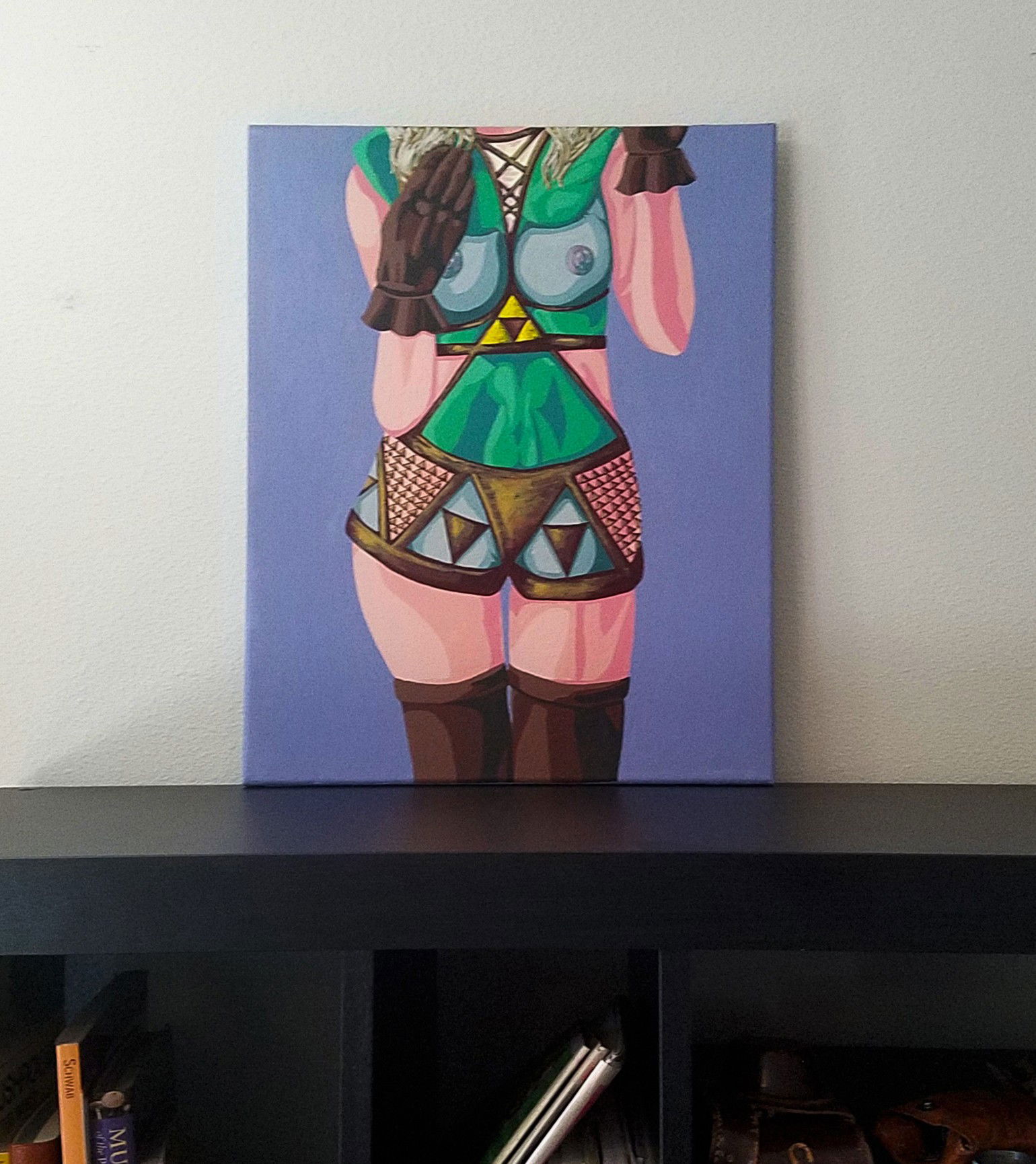 Album by CRD Larson Art with the username @CRDLarson, who is a verified user,  September 1, 2019 at 1:16 PM. The post is about the topic Cosplay and the text says 'My original painting 'An Erotic Legend' - original acrylic painting on canvas; 16x20" canvas, 18x22" wooden frame.

Her outfit is my original design, inspired by the Legend-ary video game series.

Inspired by cosplayers, video games, and..'