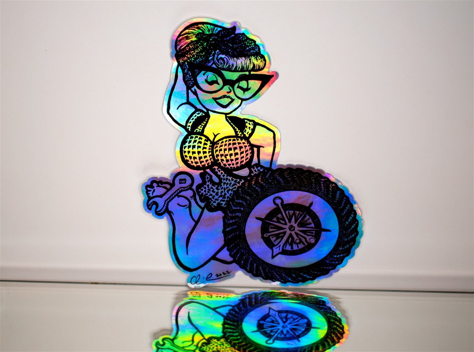 Photo by CRD Larson Art with the username @CRDLarson, who is a verified user,  September 23, 2022 at 10:14 AM and the text says '4x6" holographic pin up stickers'