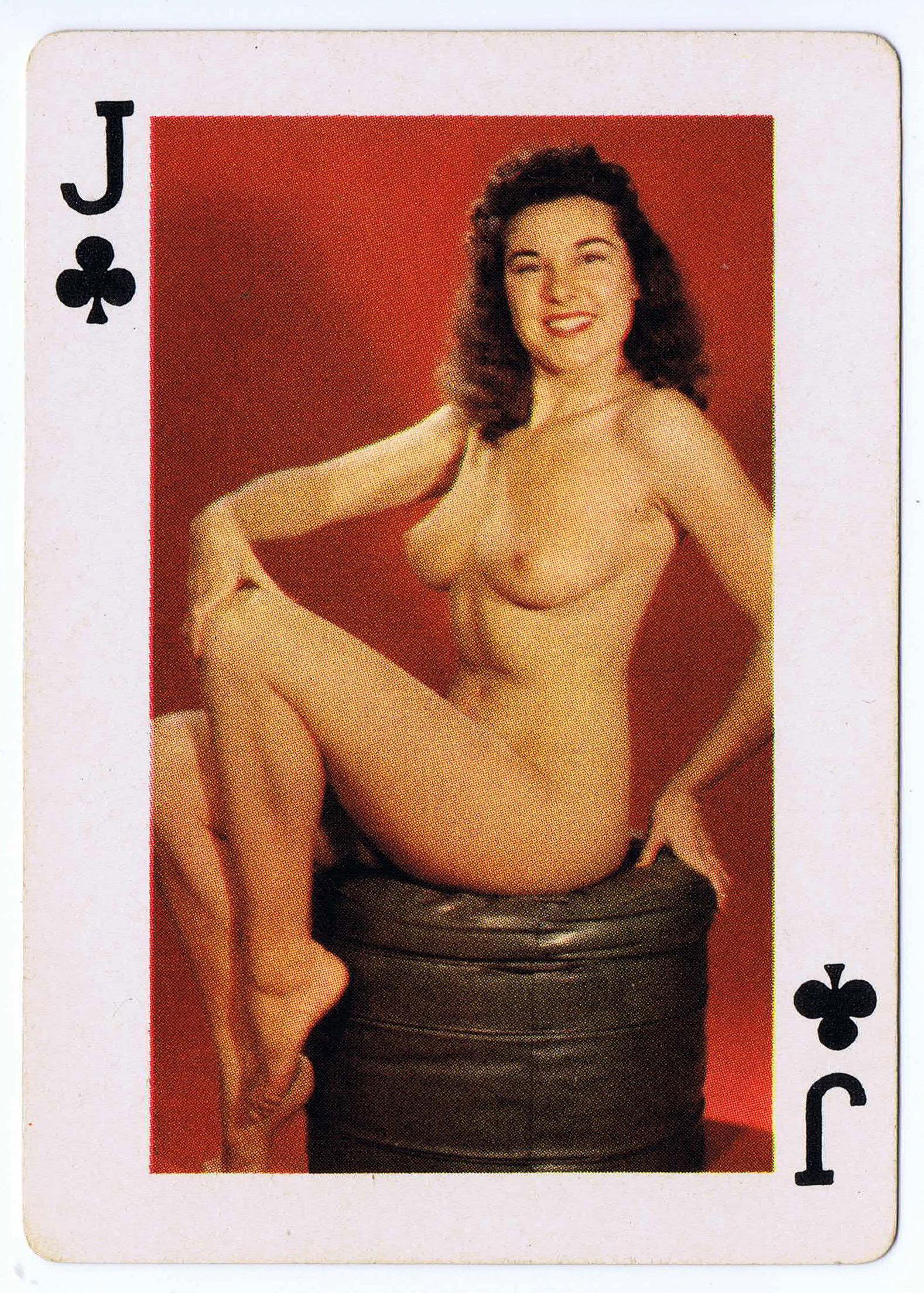 Photo by CRD Larson Art with the username @CRDLarson, who is a verified user,  September 5, 2019 at 9:55 AM and the text says '#Jack of #Clubs

From deck titled 'Fifty-Two Art Studies.' Made by the Novelties Manufacturing and Sales Corp, St. Louis, MO. Mid 1950s.

#photography #vintagenude #vintageerotica #1950s #retro #pinup #boudoir #burlesque #playingcards #glamour..'