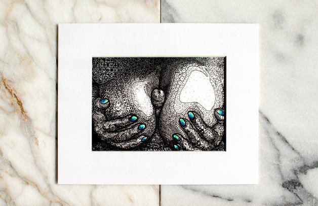 Photo by CRD Larson Art with the username @CRDLarson, who is a verified user,  October 28, 2021 at 9:35 AM and the text says 'Another of the 5x7" drawings, this time with a pop of color on the nails/nipple to be fancy

Archival Pigma Micron ink pens, fixative spray, linen hanging tape, archival backing board, and 8x10" acid-free mat

Something like 30 hours went into..'