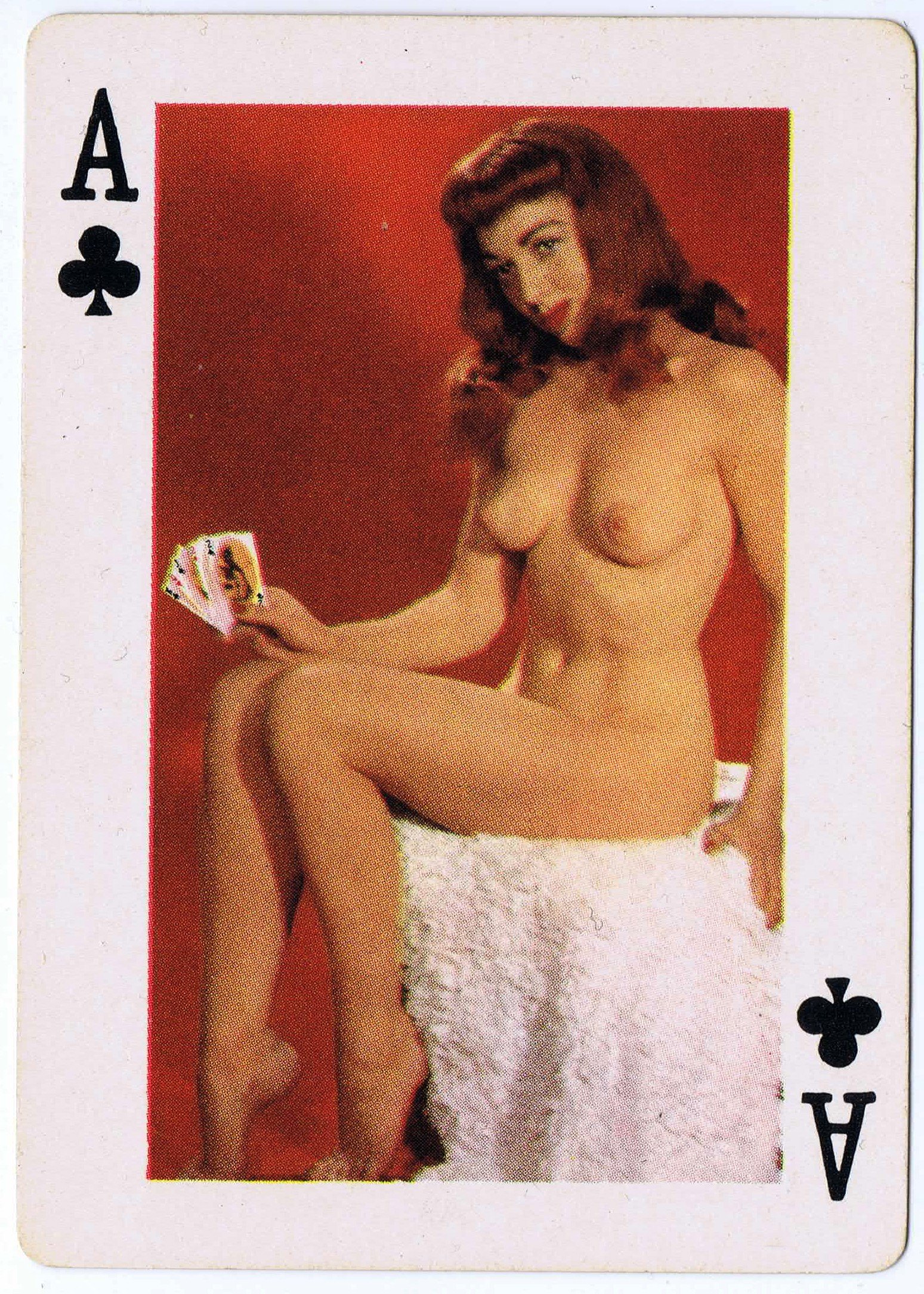 Photo by CRD Larson Art with the username @CRDLarson, who is a verified user,  September 2, 2019 at 2:29 PM. The post is about the topic Nude Playing Cards and the text says 'Ace of Clubs
From deck titled 'Fifty-Two Art Studies' by the Novelties Manufacturing and Sales Corp, St. Louis, MO. Mid 1950s'