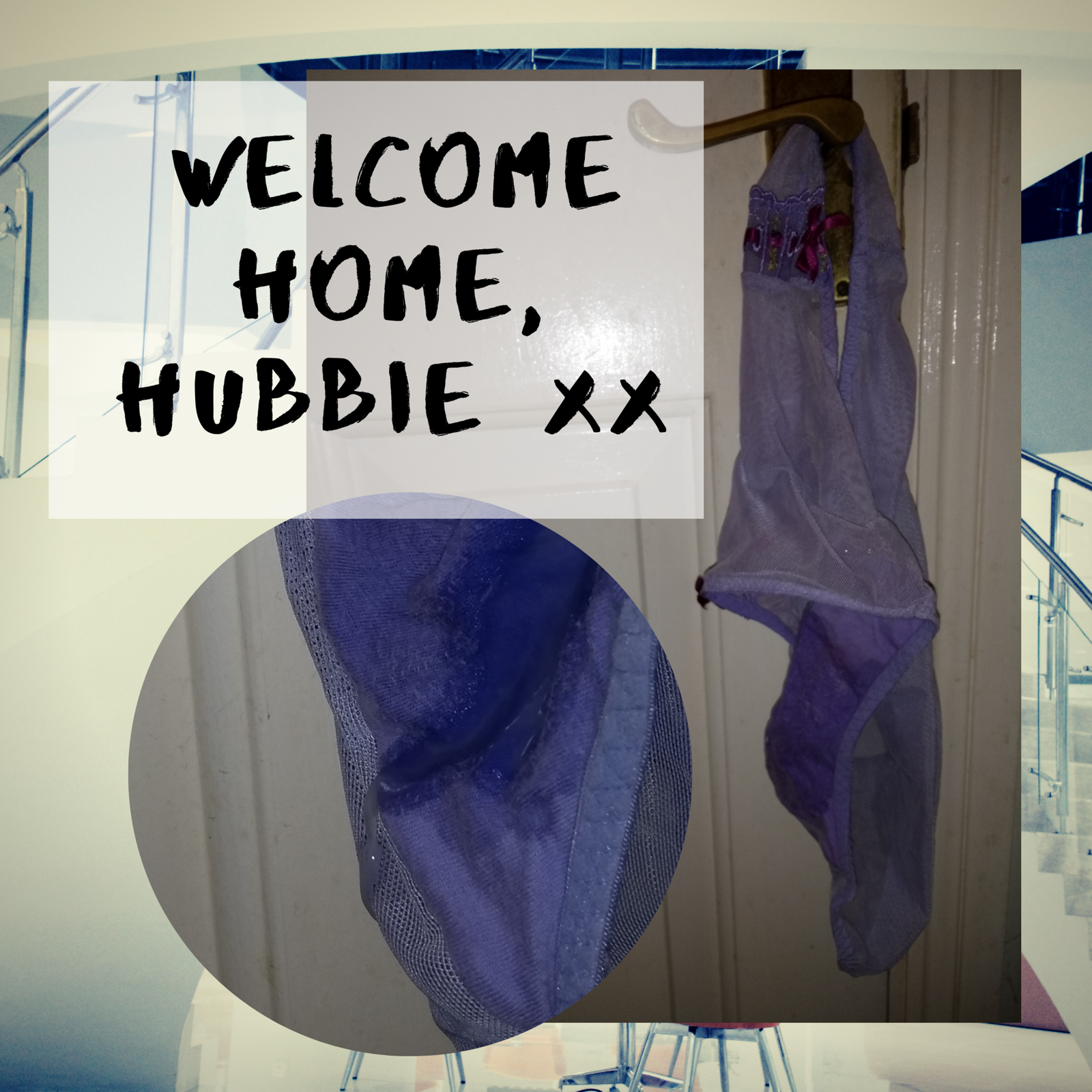 Photo by Hotwife Hubbie with the username @Hubb1e,  November 3, 2019 at 5:48 PM and the text says 'After a few days away on a business trip, I came home late in the evening to find this hanging on the bedroom door. What a welcome home..'