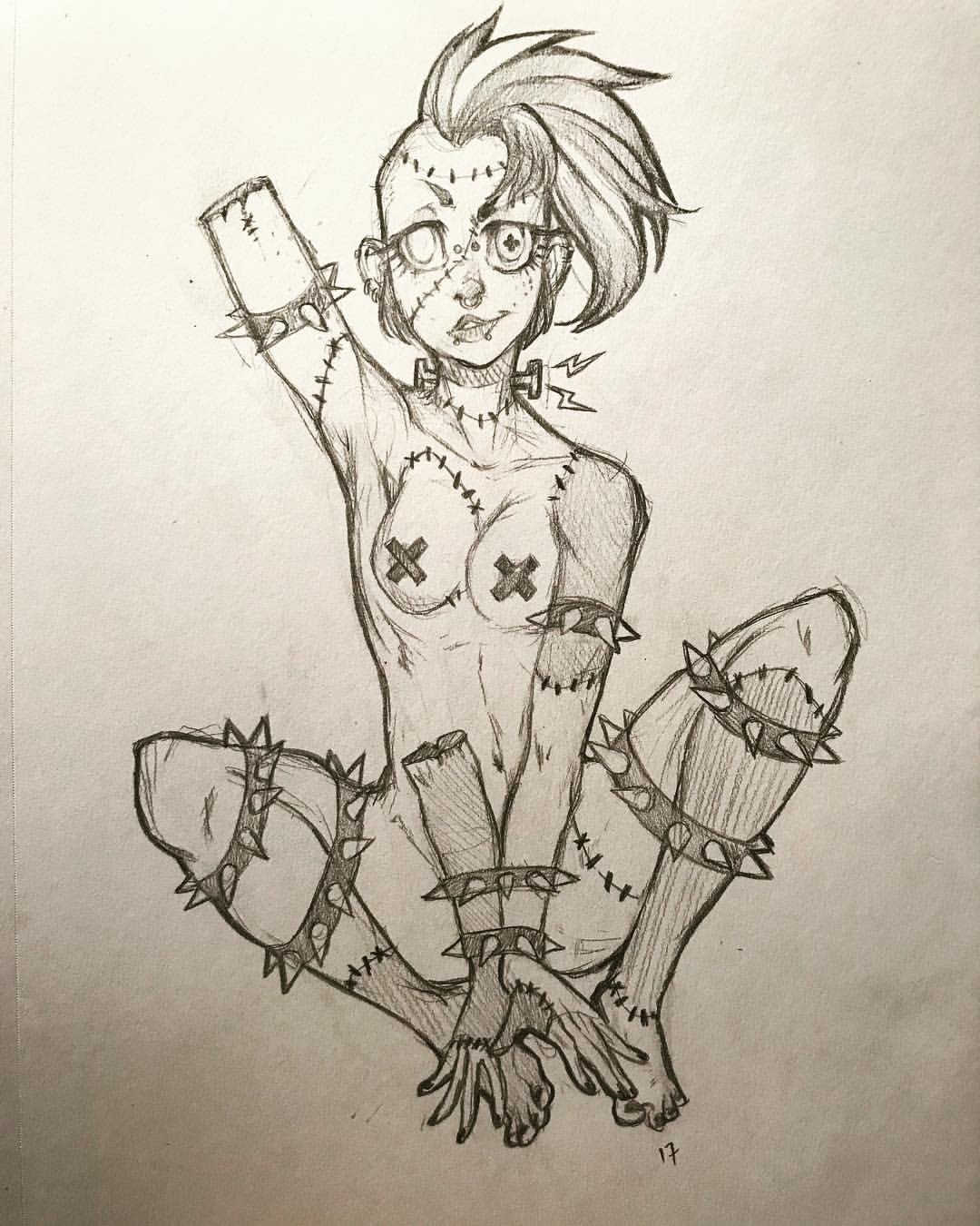 Photo by feraleffingdog with the username @feraleffingdog,  May 12, 2018 at 5:03 AM and the text says 'theluvablenerd:
Last doodle for the night and adding to my ‘bound up monster girl collection’ haha. A little Franken-punk rock-babe heh #monstergirl #pinup #doodle #sketch #bdsm #weirdshitidoodleatnight'