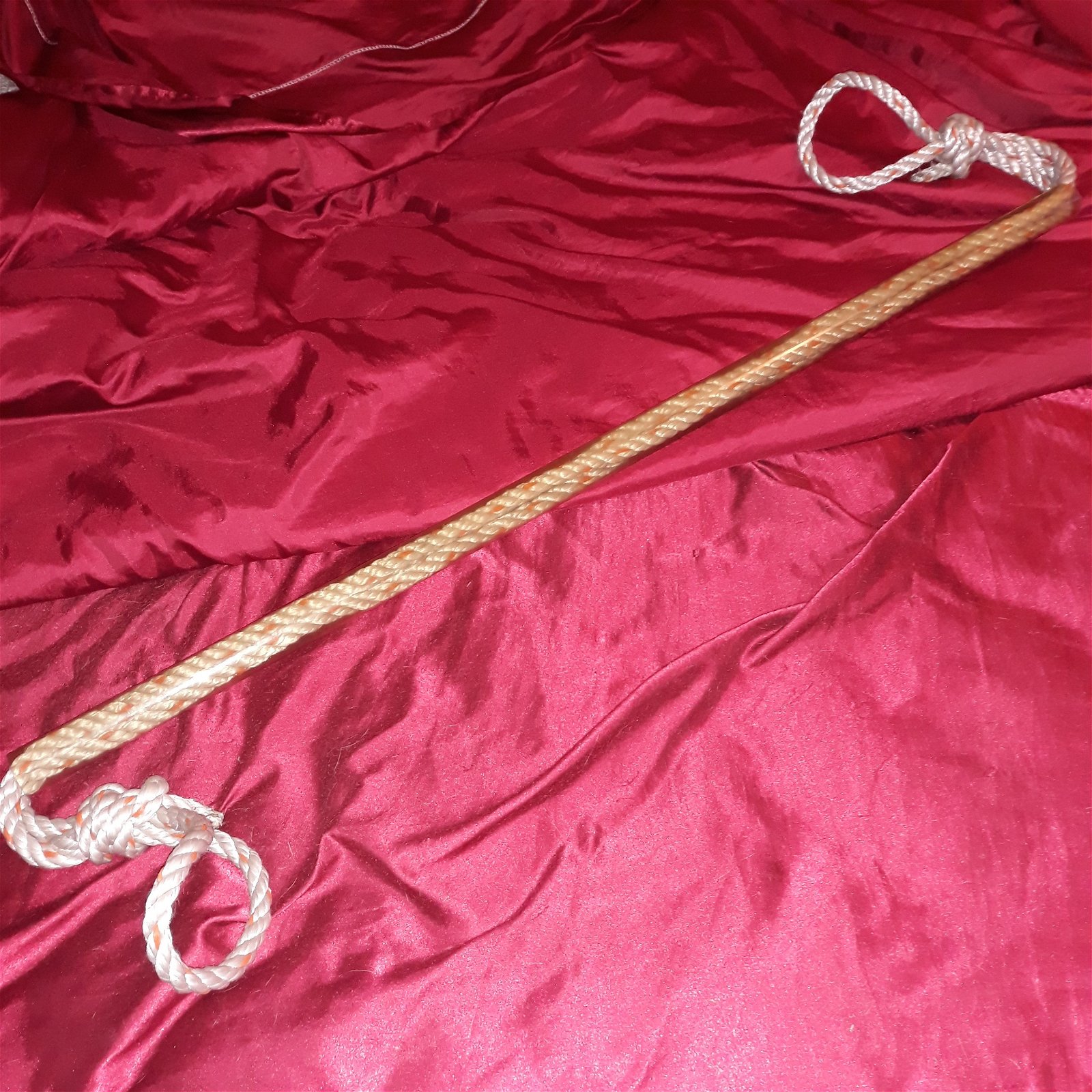 Photo by Sir-Jeffrey-Dom with the username @JeffreyShibariRope, who is a star user,  October 1, 2019 at 8:36 PM. The post is about the topic Master Jeffrey Rope Bondage and the text says 'Here is a cheap way to make a spreader bar restraint with a rope and a tube. You start by putting two bights in your rope centered from the middle, resulting in 3 ropes with two bights and two running ends one on each side of your ropes. Insert the 3..'