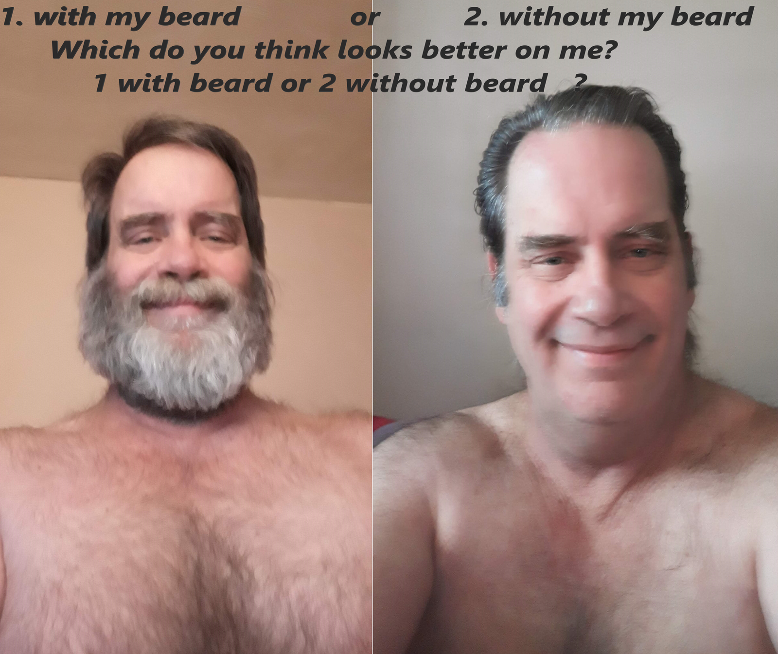 Photo by Sir-Jeffrey-Dom with the username @JeffreyShibariRope, who is a star user,  September 30, 2019 at 3:25 AM and the text says 'Which picture is a better look for me, 1 with beard or 2 without the beard and comment your opinion with or without the beard? Help me with this survey'