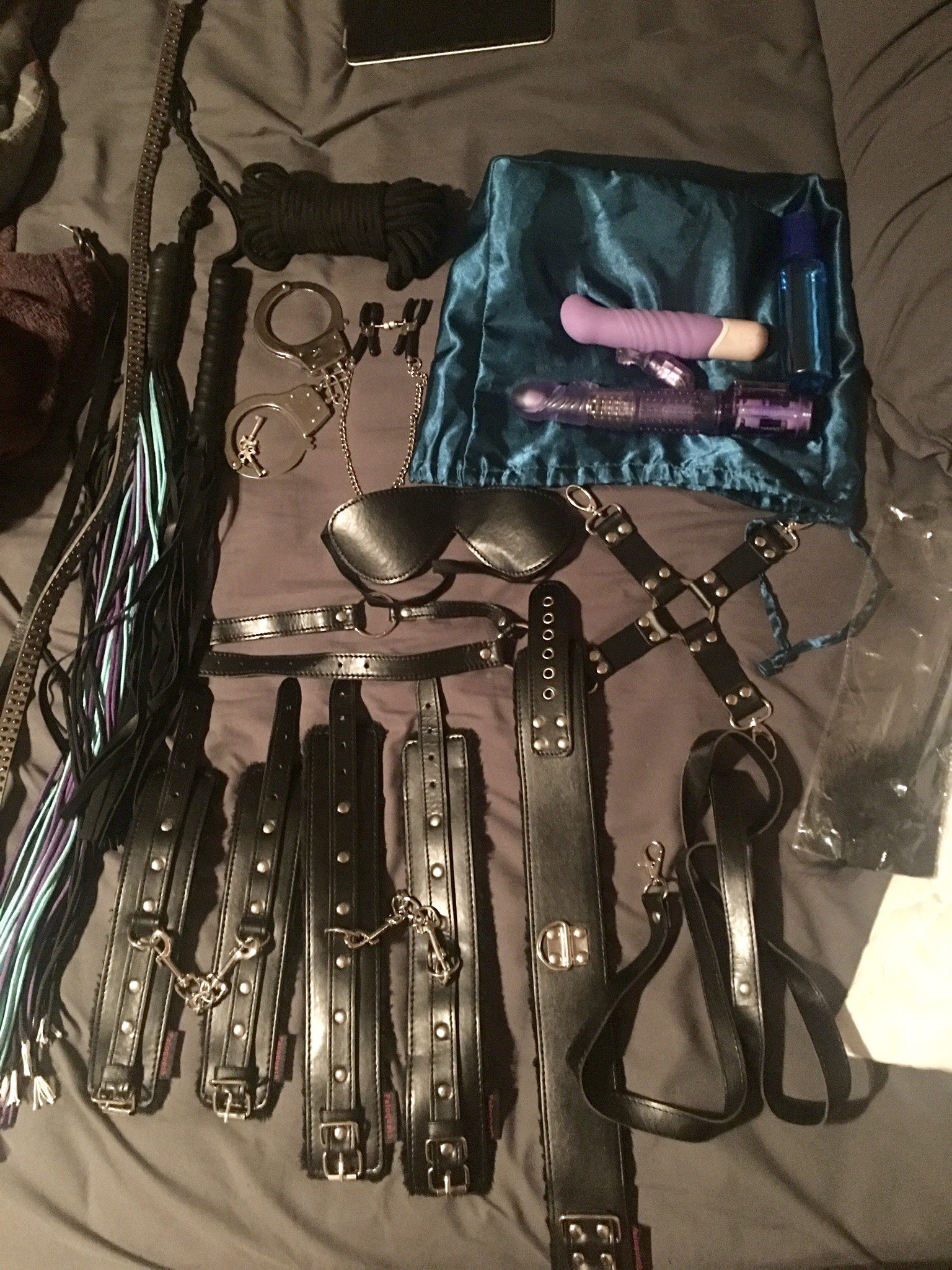 Photo by WolfAmongRavens with the username @WolfAmongRavens,  October 5, 2019 at 9:59 PM. The post is about the topic Midnght-kink and the text says '#bdsm #toys #kit #kink'