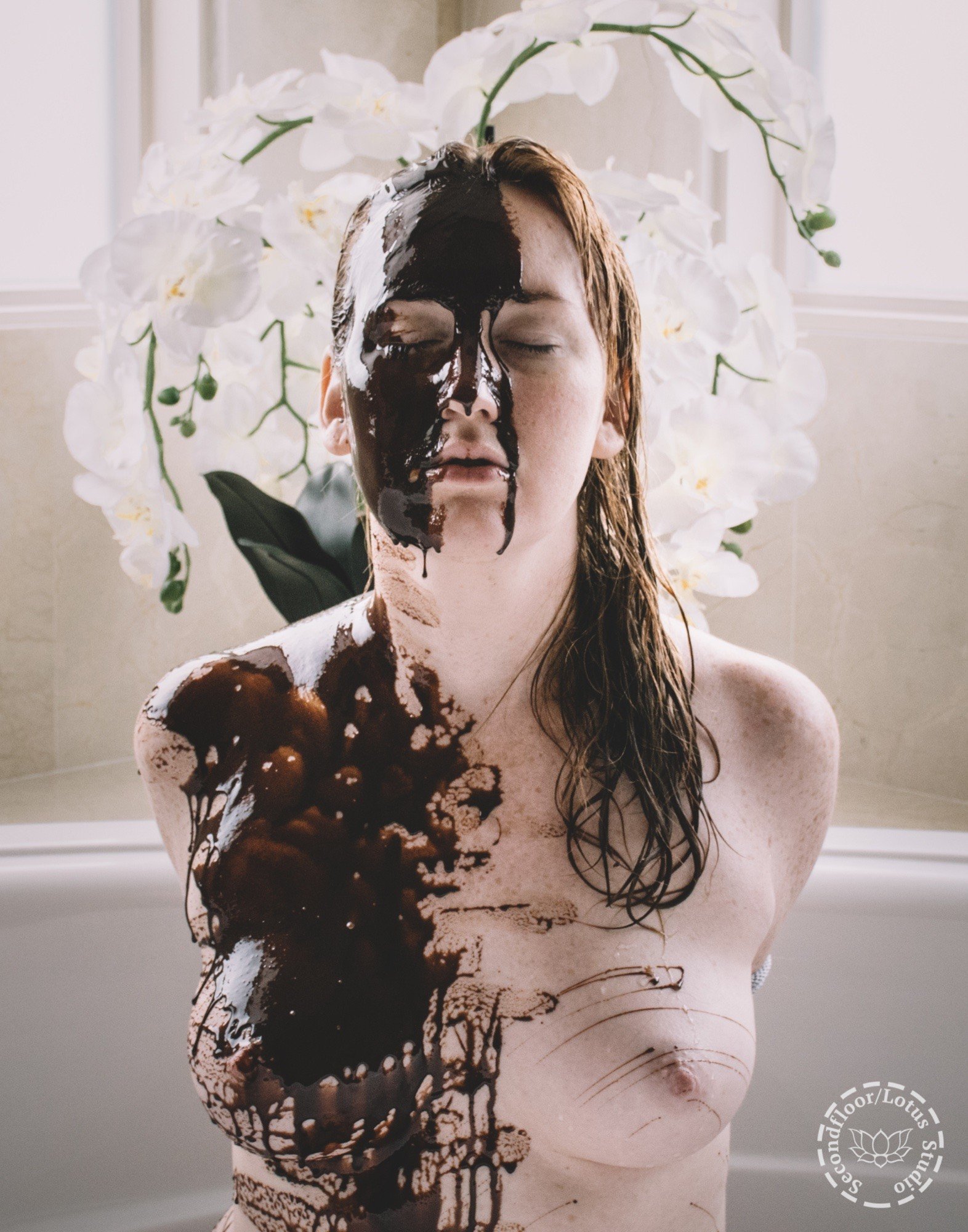 Photo by KinkyLotus with the username @KinkyLotus, who is a star user,  December 6, 2018 at 12:12 AM. The post is about the topic Sploshing and the text says 'KinkyLotus covered in Hershey’s chocolate syrup
In collaboration with Secondfloor and Traci Matlock
More on Kinkography:
https://kinkography.com'