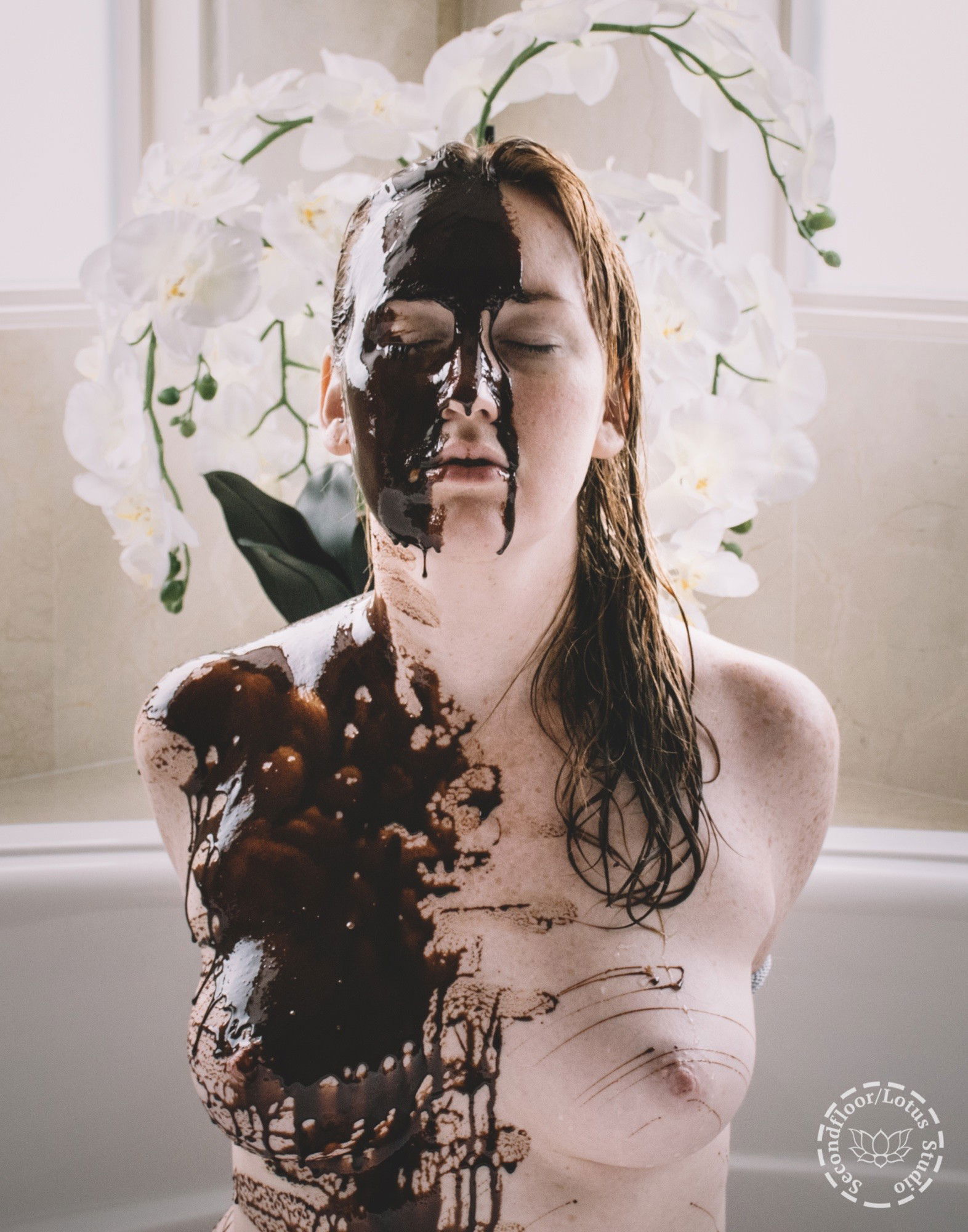 Album by KinkyLotus with the username @KinkyLotus, who is a star user,  December 6, 2018 at 12:12 AM. The post is about the topic Sploshing and the text says 'KinkyLotus covered in Hershey’s chocolate syrup
In collaboration with Secondfloor and Traci Matlock
More on Kinkography:
https://kinkography.com'