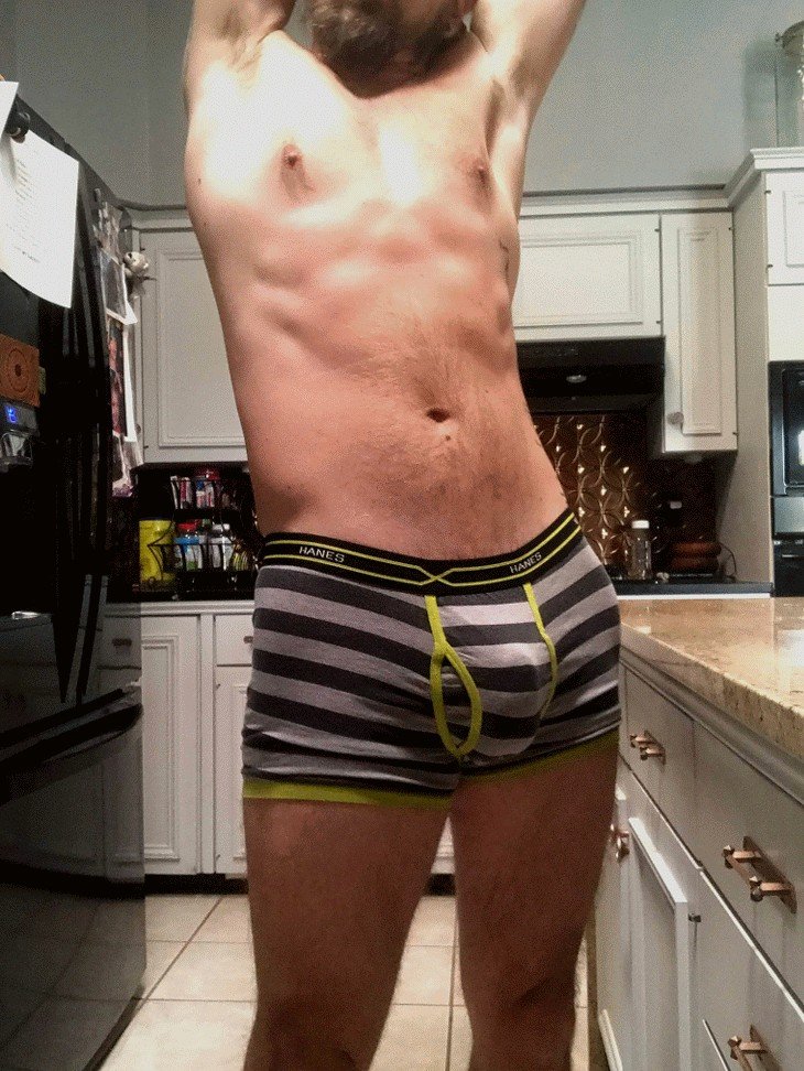 Photo by InappropriateMind with the username @InappropriateMind, who is a verified user,  December 16, 2018 at 4:05 AM. The post is about the topic Amateur and the text says '#dadbod #stripedundies #amateur #abs #wherearemyarms'