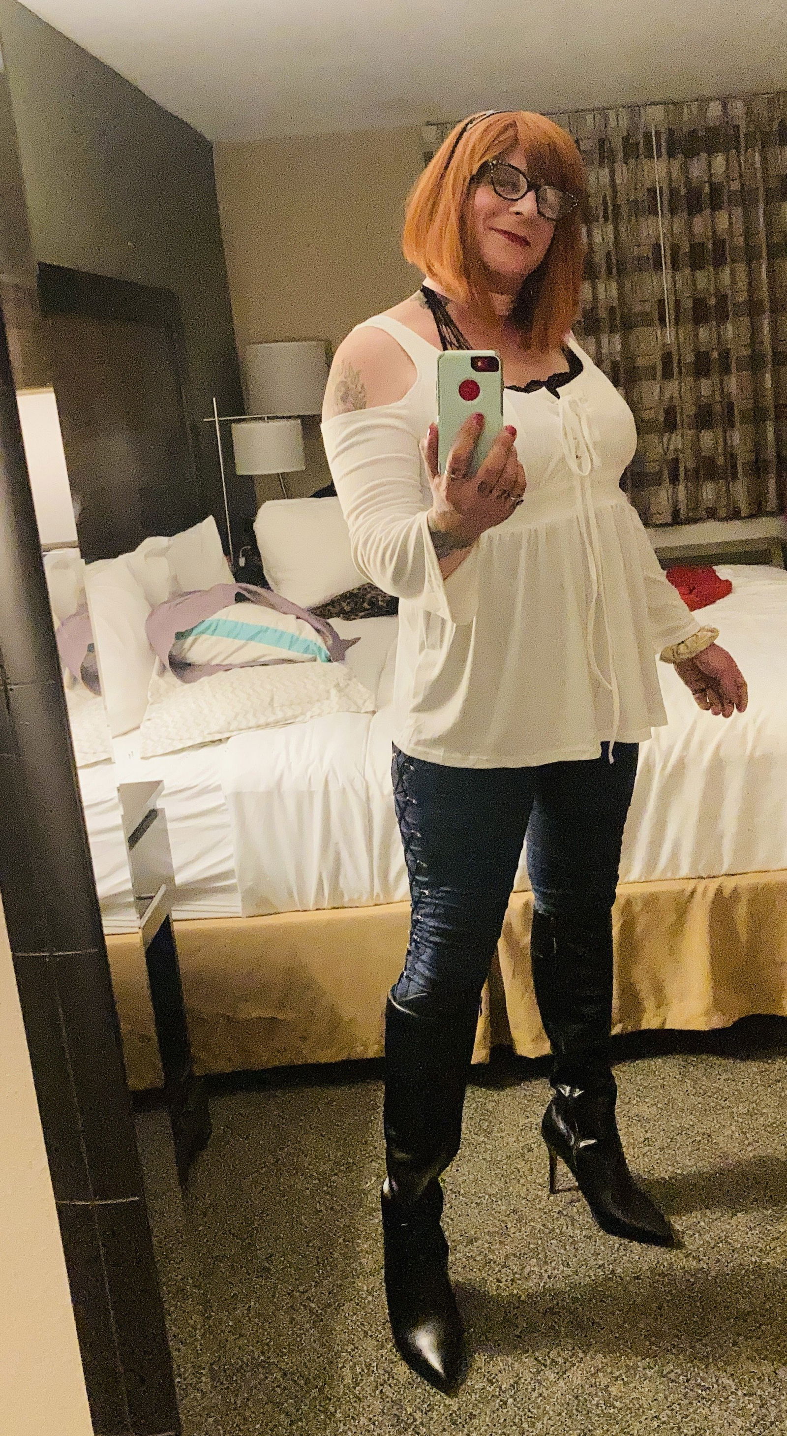 Photo by DangerMarcy with the username @DangerMarcy, who is a verified user,  March 20, 2022 at 3:41 PM. The post is about the topic Trans Women and the text says 'Saturday Night Hotel Fun 😘
Vids To Cum 🥰
#trans #transgender #transwoman #redhead #hotelselfie #lgbtq #bigbooty'