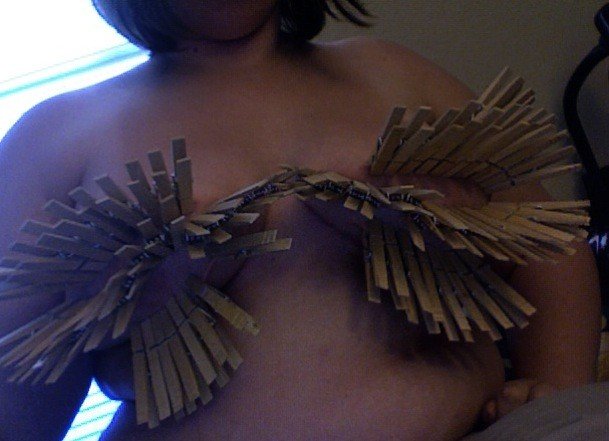 Photo by Kiri with the username @kiridenied,  September 10, 2013 at 10:27 PM and the text says 'Photo proof of my love of clothespins. Yes, that&rsquo;s me. Yes, that&rsquo;s a *lot* of clothespins. 
And I had those marks for several days afterwards.  #sluttykiri  #nipple  #torture  #nipple  #clamps  #clothespins  #tit  #torture'