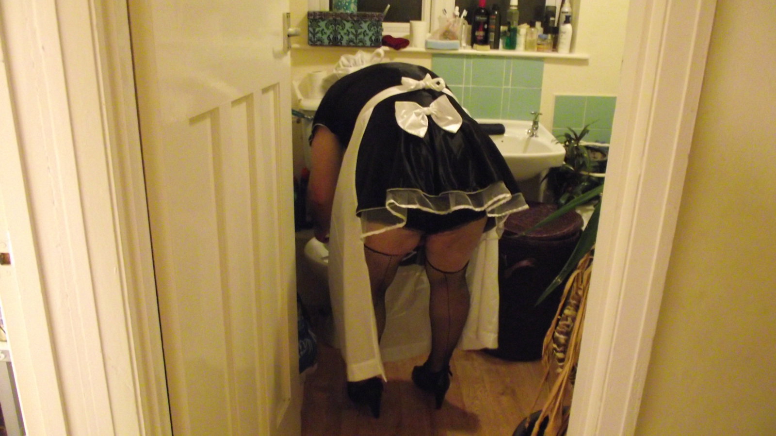 Photo by JammyBitch with the username @JammyBitch,  April 5, 2014 at 11:17 AM and the text says 'Maid Jem being set to some good use cleaning my bathroom. Beware sissy maids who do not meet my standards are spanked and made to redo the task set until I  am satisfied with the results.Visit my websites randomobscurra.co.uk   callmedirect.co.ukCALL ME..'