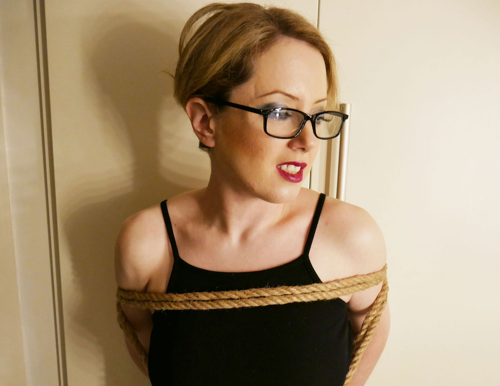 Album by Smutling with the username @smutling,  January 16, 2020 at 11:10 AM. The post is about the topic Rough Sex and the text says 'Helpless and vulnerable again #bondage #bdsm #kinky #ropes #glasses'