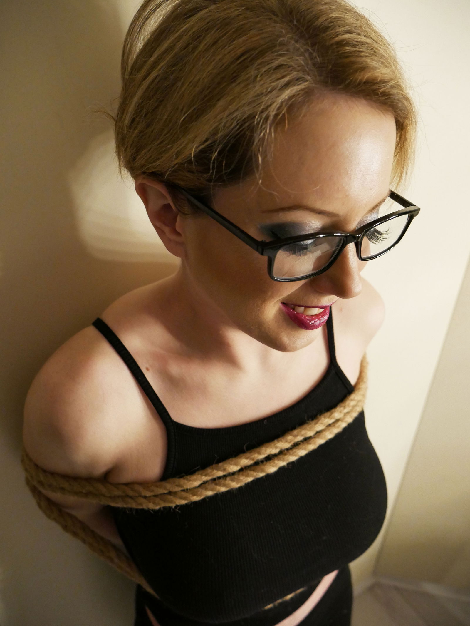 Album by Smutling with the username @smutling,  January 16, 2020 at 11:10 AM. The post is about the topic Rough Sex and the text says 'Helpless and vulnerable again #bondage #bdsm #kinky #ropes #glasses'