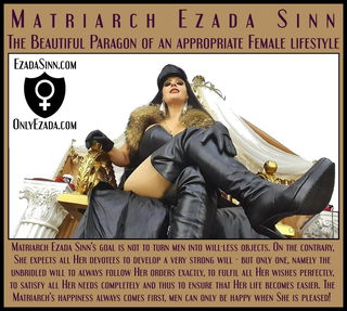 Photo by sluga0201 with the username @sluga0201, who is a verified user,  August 31, 2024 at 4:53 PM. The post is about the topic Praising the Power of Matriarch Ezada Sinn and the text says 'The beautiful paragon of an appropriate female lifestyle

Matriarch Ezada Sinn&#039;s goal is not to turn men into will-less objects. On the contrary, She expects all Her devotees to develop a very strong will - but only one, namely the unbridled will..'