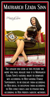 Photo by sluga0201 with the username @sluga0201, who is a verified user,  January 6, 2024 at 7:01 PM. The post is about the topic Praising the Power of Matriarch Ezada Sinn and the text says 'The longer you look at this picture the more you will realize that it is Matriarch [Ezada](Ezada) Sinn's natural right to dominate men according to Her natural Female Superiority, to re-educate them according to Her ideas, to discipline them according to..'